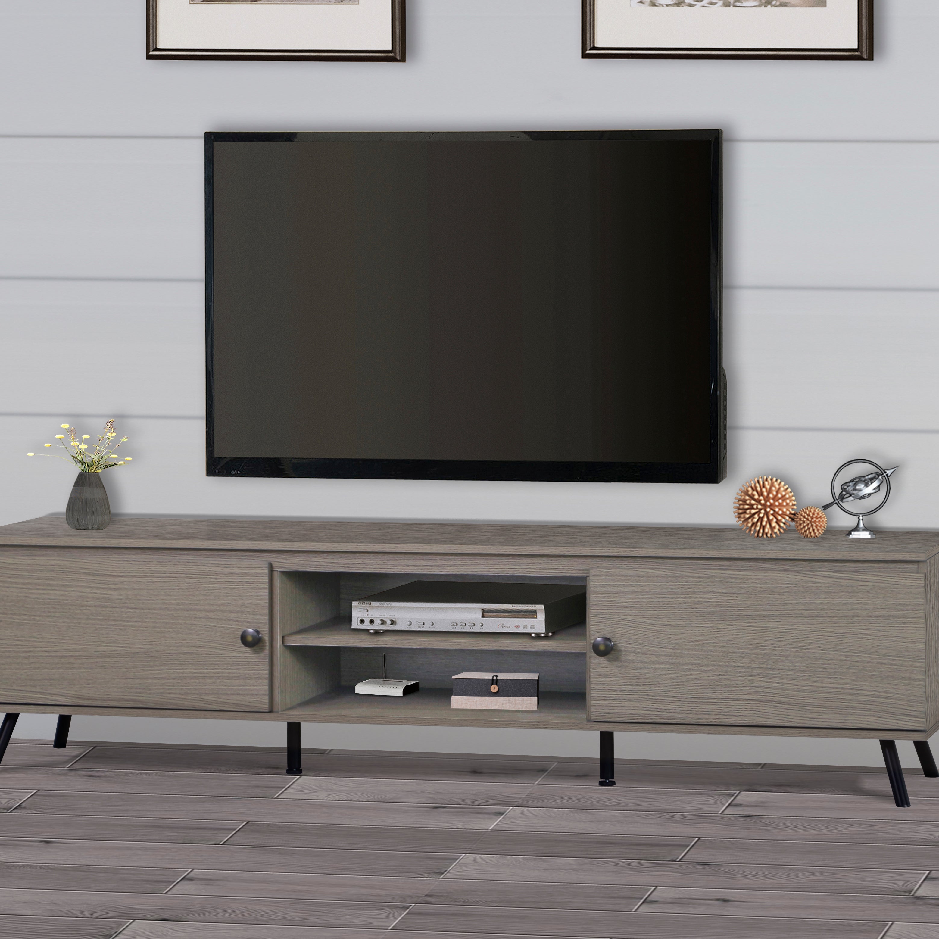 TV Stand "Elegant Walnut Wood Grain Media Console and TV Stand with Storage – Versatile Modern Entertainment Center for Contemporary Living Room – Supports up to 75 Inch TVs"--1