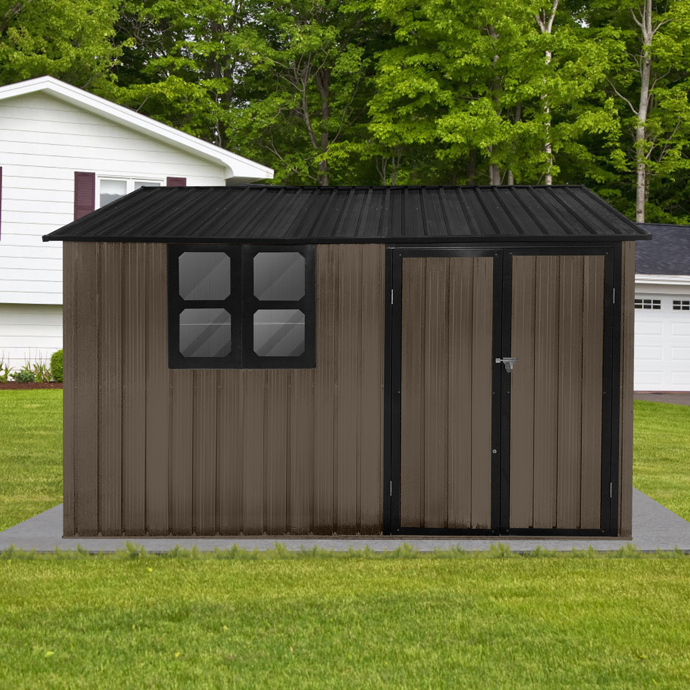 Metal garden sheds 10ftx8ft outdoor storage sheds Brown+Black with window--1