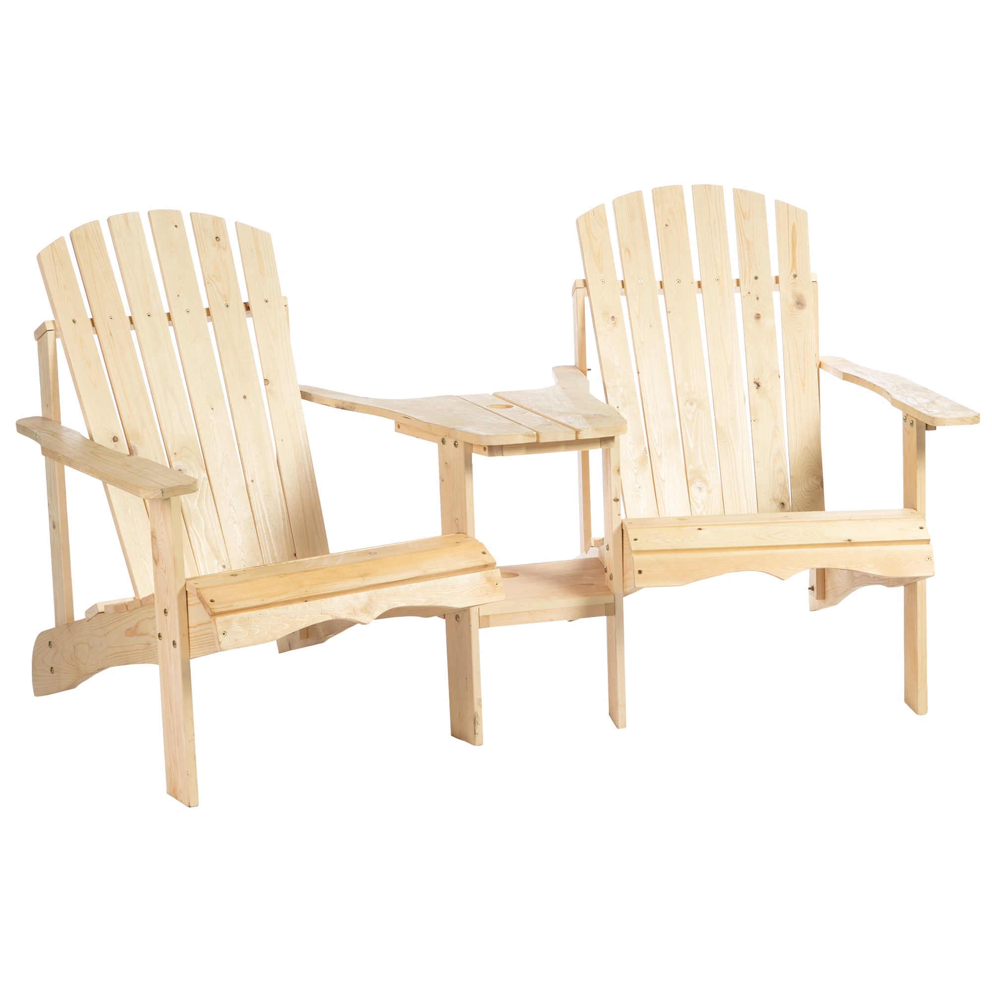 Outsunny Wooden Adirondack Chair for Two, Outdoor Fire Pit Chair Set with Table & Umbrella Hole, Patio Chairs for Deck Lawn Pool Backyard, Natural--1