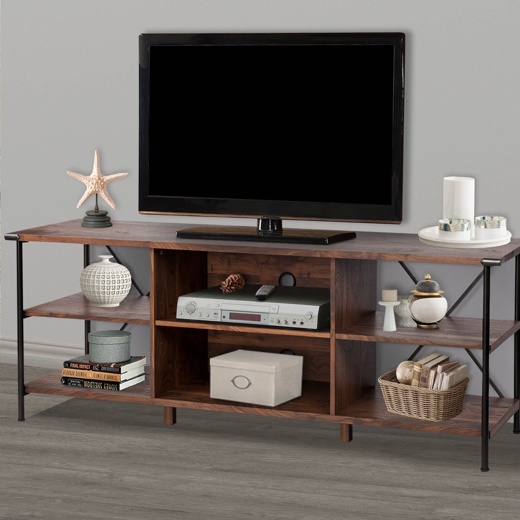 65" TV Stand "Open Design Walnut TV Stand with Cable Management and Adjustable Metal Feet"--1