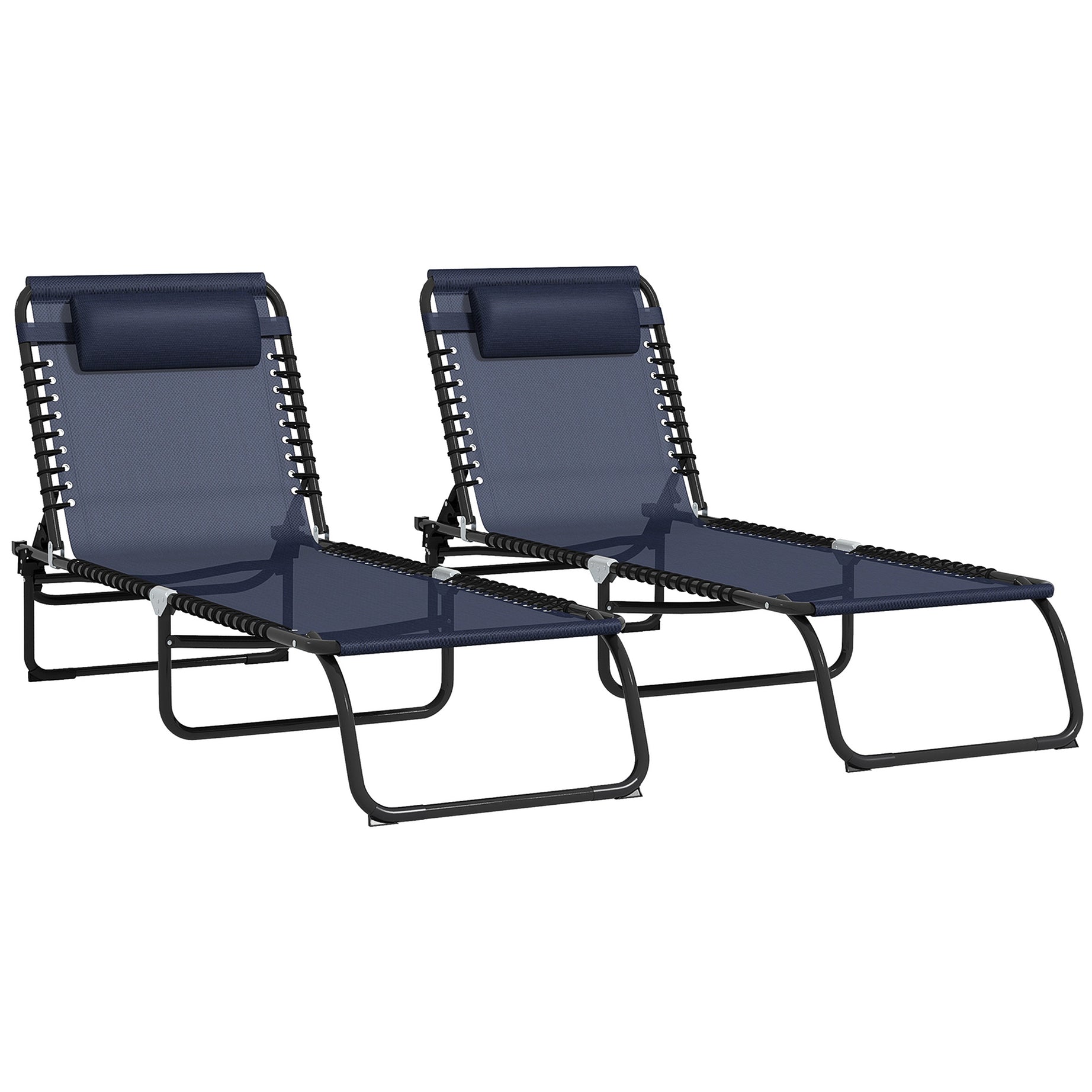 Outsunny Folding Chaise Lounge Pool Chair Set of 2, Patio Sun Tanning Chair, Outdoor Lounge Chair w/ Reclining Back, Pillow, Breathable Mesh & Bungee Seat for Beach, Dark Blue--1