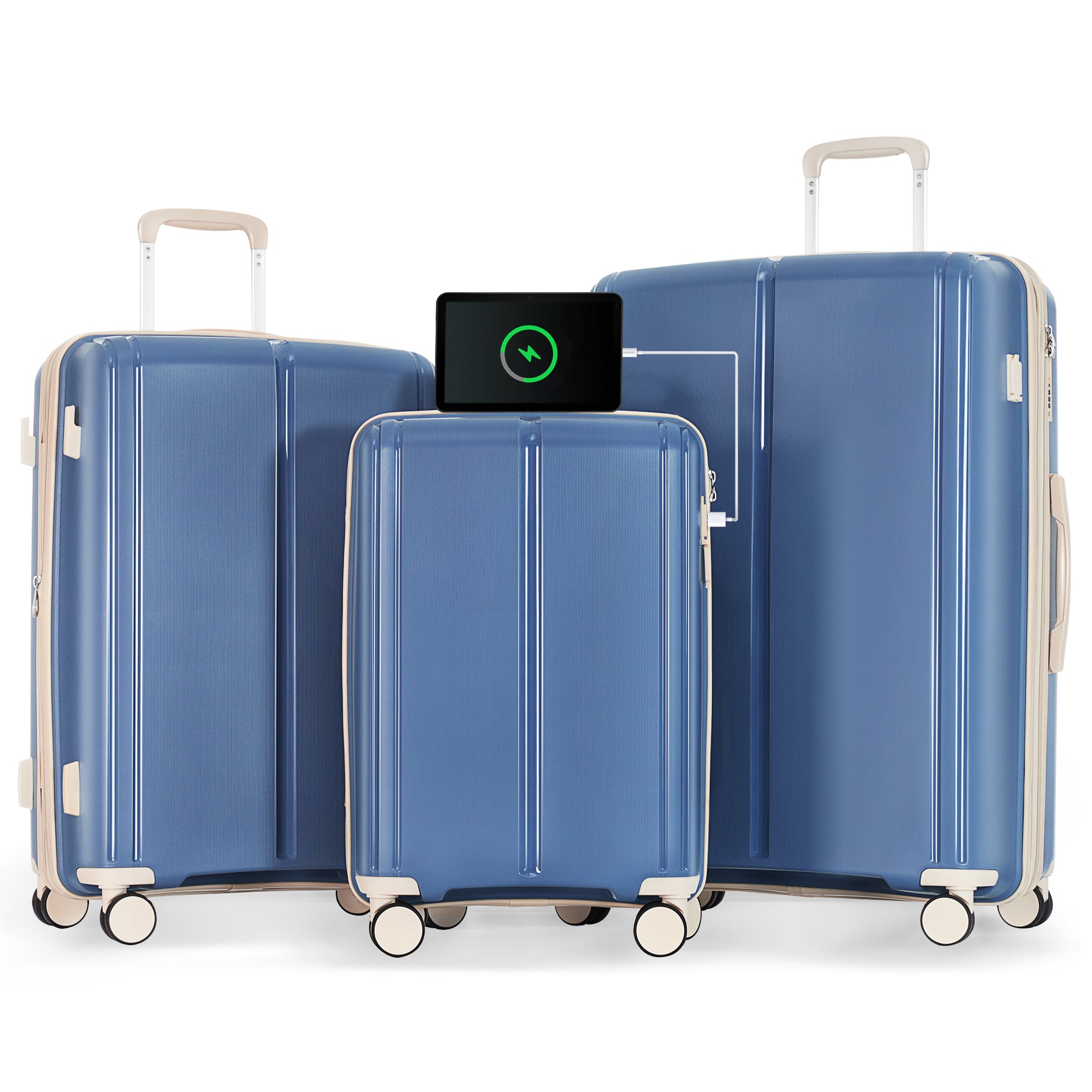 Luggage Sets 3 Piece Suitcase Set 20/24/28 with USB Port,Carry on Luggage Airline Approved,PP Lightweight Suitcase with Spinner Wheels, Blue and Ivory--1