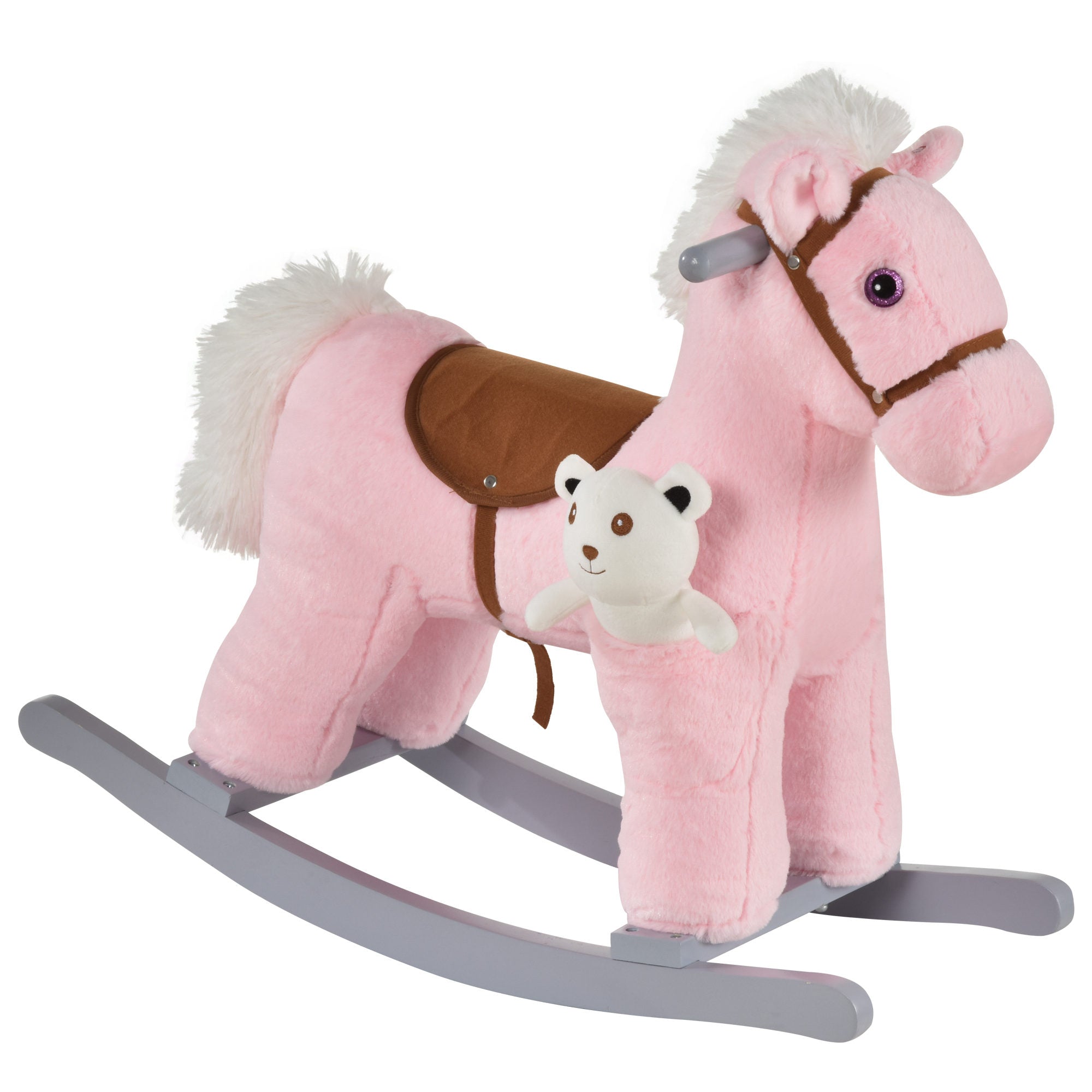 Qaba Kids Plush Ride-On Rocking Horse with Bear Toy, Children Chair with Soft Plush Toy & Fun Realistic Sounds, Pink--1