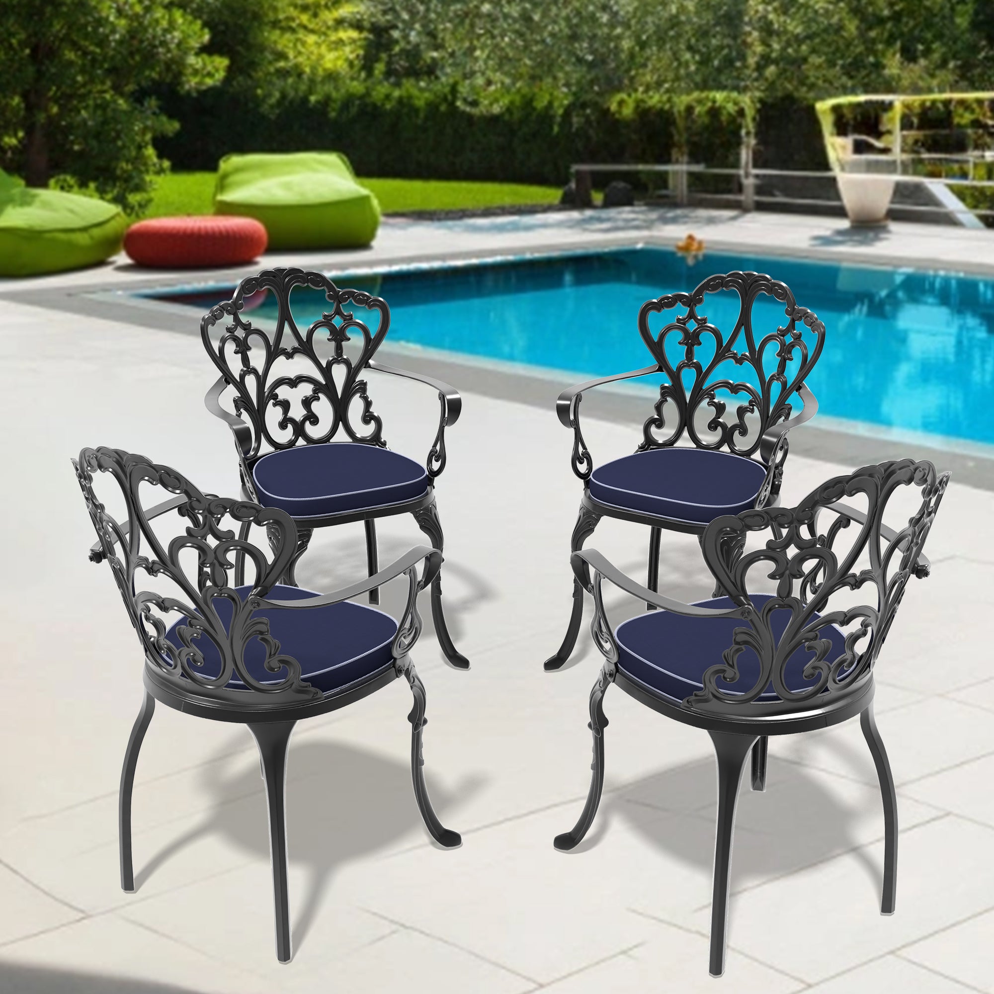 Cast Aluminum Patio Dining Chair 4PCS With Black Frame and Cushions In Random Colors--1