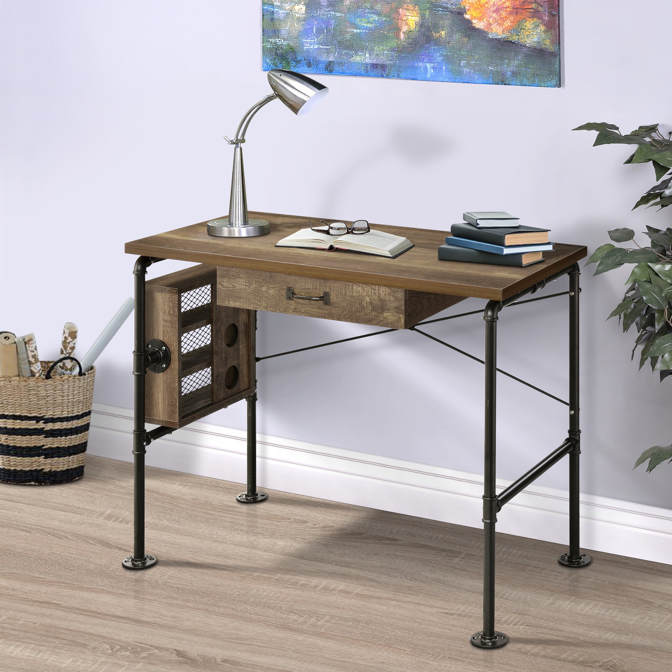 Weathered Oak and Black 1-drawer Writing Desk--1