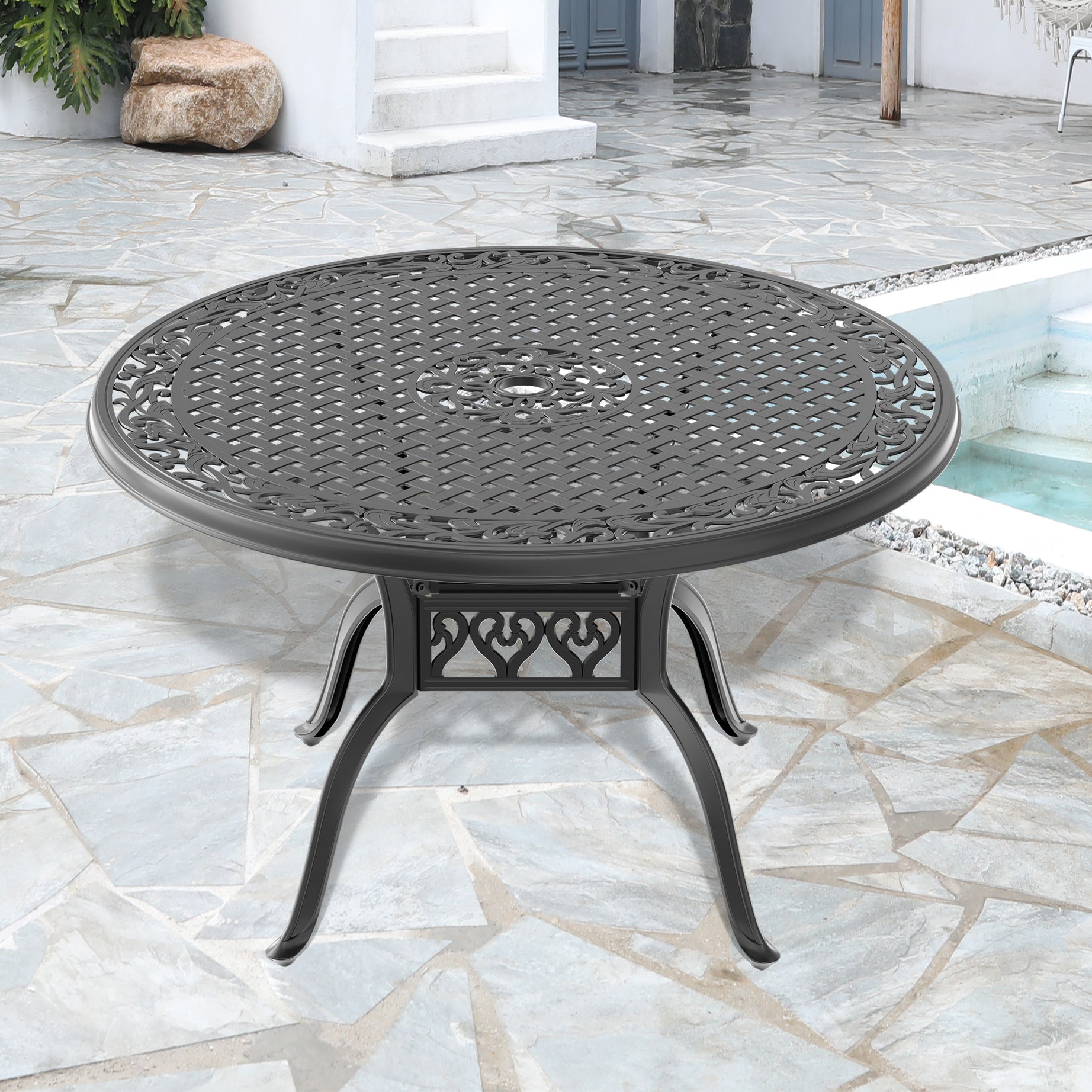 Ø47.24-inch Cast Aluminum Patio Dining Table with Black Frame and Umbrella Hole--1