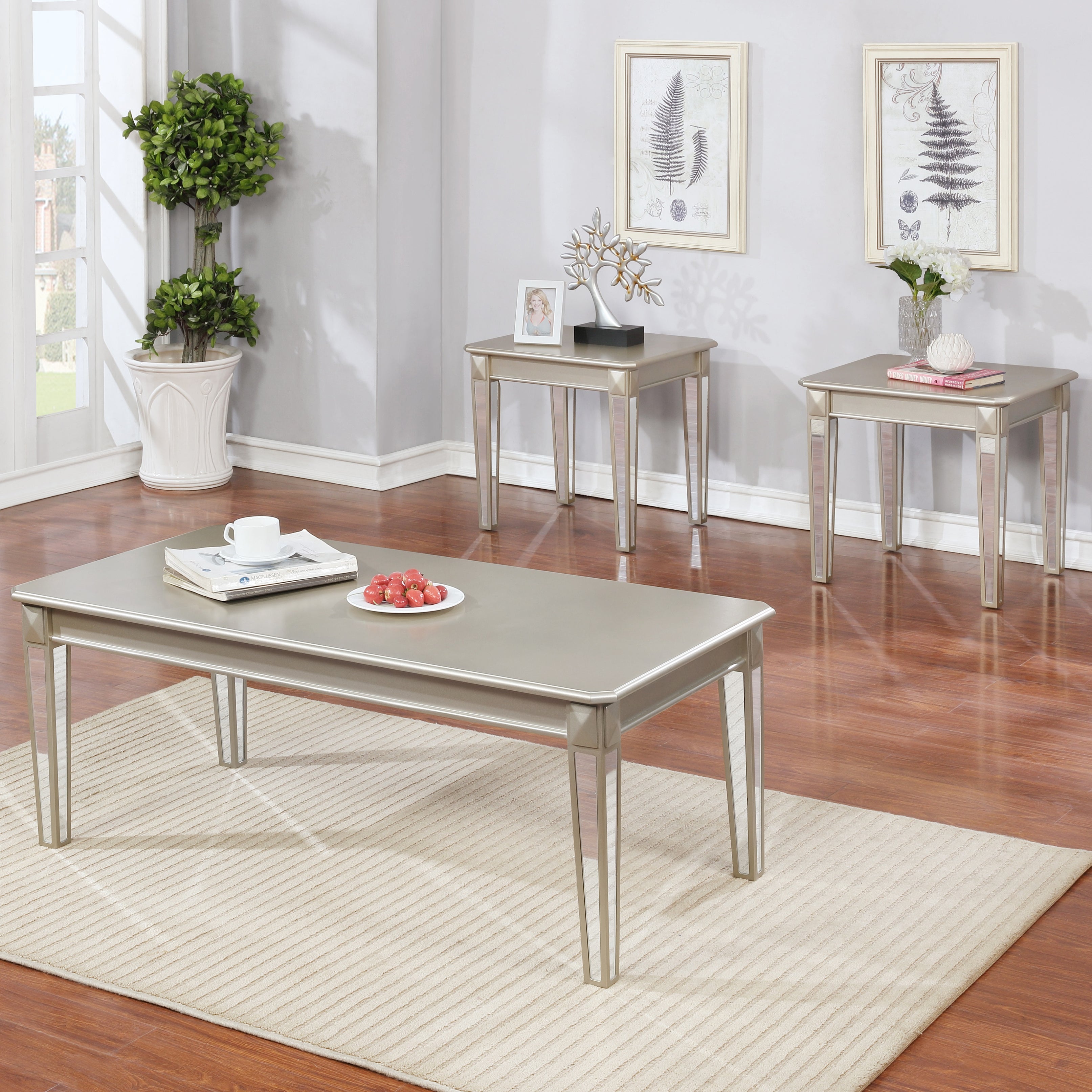 Barent Contemporary Wood 3-Piece Coffee Table Set with Mirrored Legs, Champagne--1