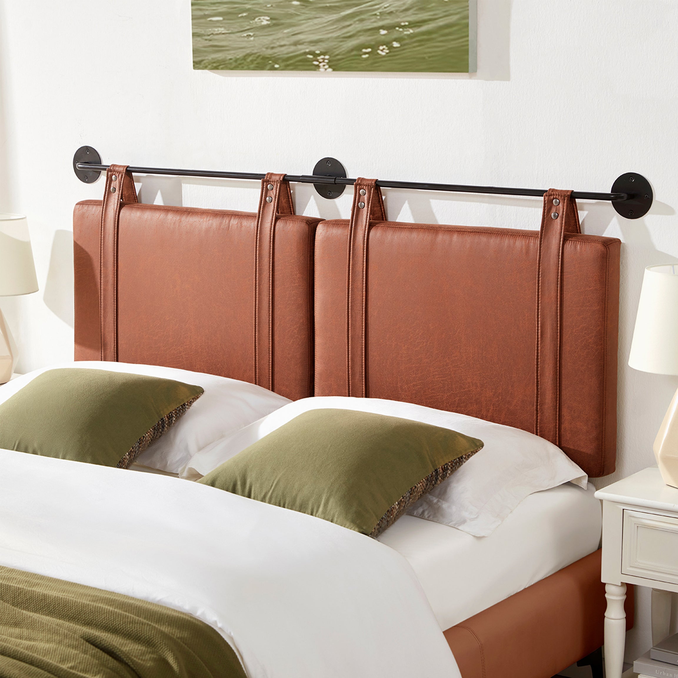 Wall Mounted Headboard Queen with Brown Faux Leather Straps, Faux Leather Upholstered Headboard with Adjustable Height Headboard, Queen Headboard with Metal Bar for Dining Room, Bedroom, Brown--1