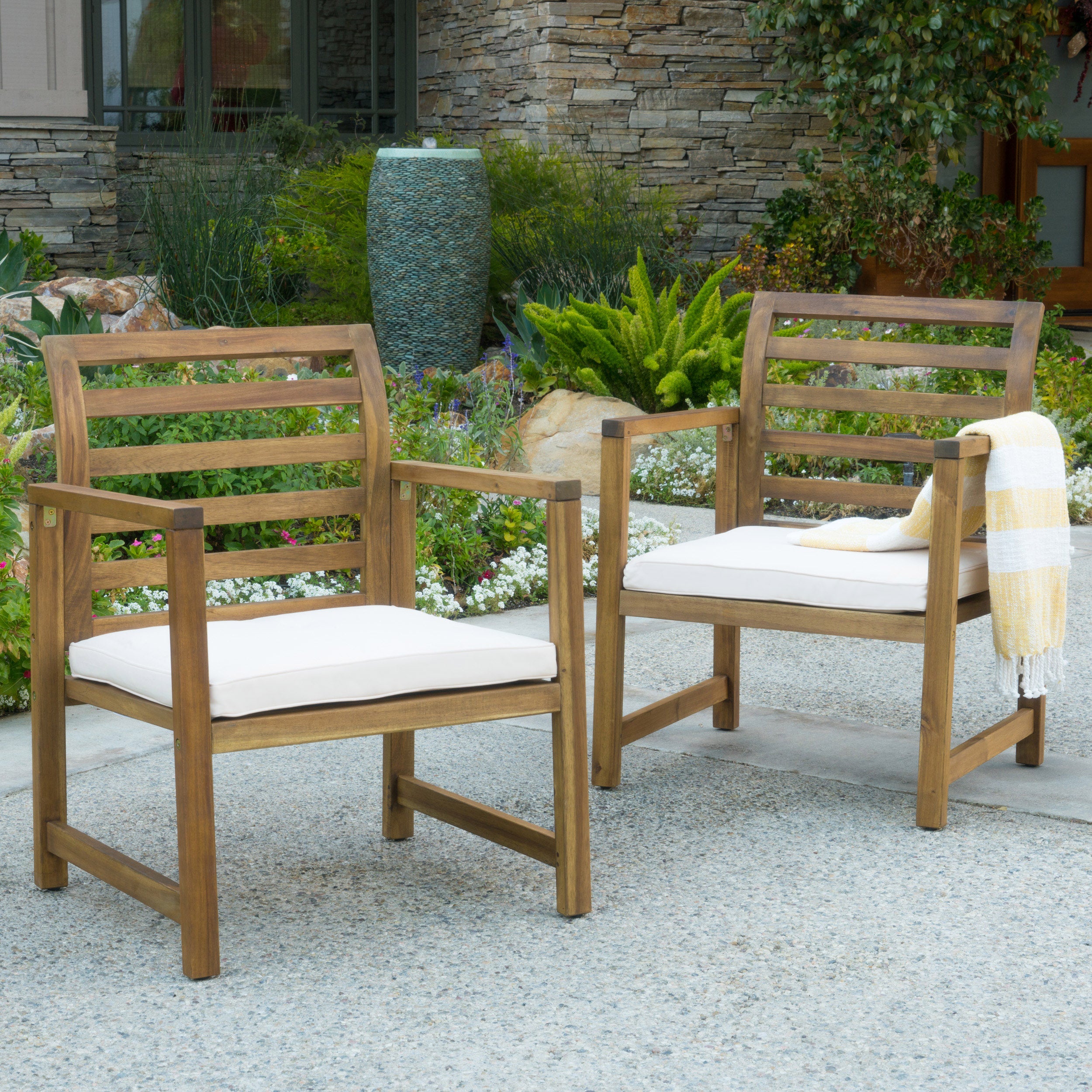 Outdoor Acacia Wood Club Chairs, 2-Pcs Set, Natural Stained / White, 25.5"D x 24.5"W x 33.0"H--1