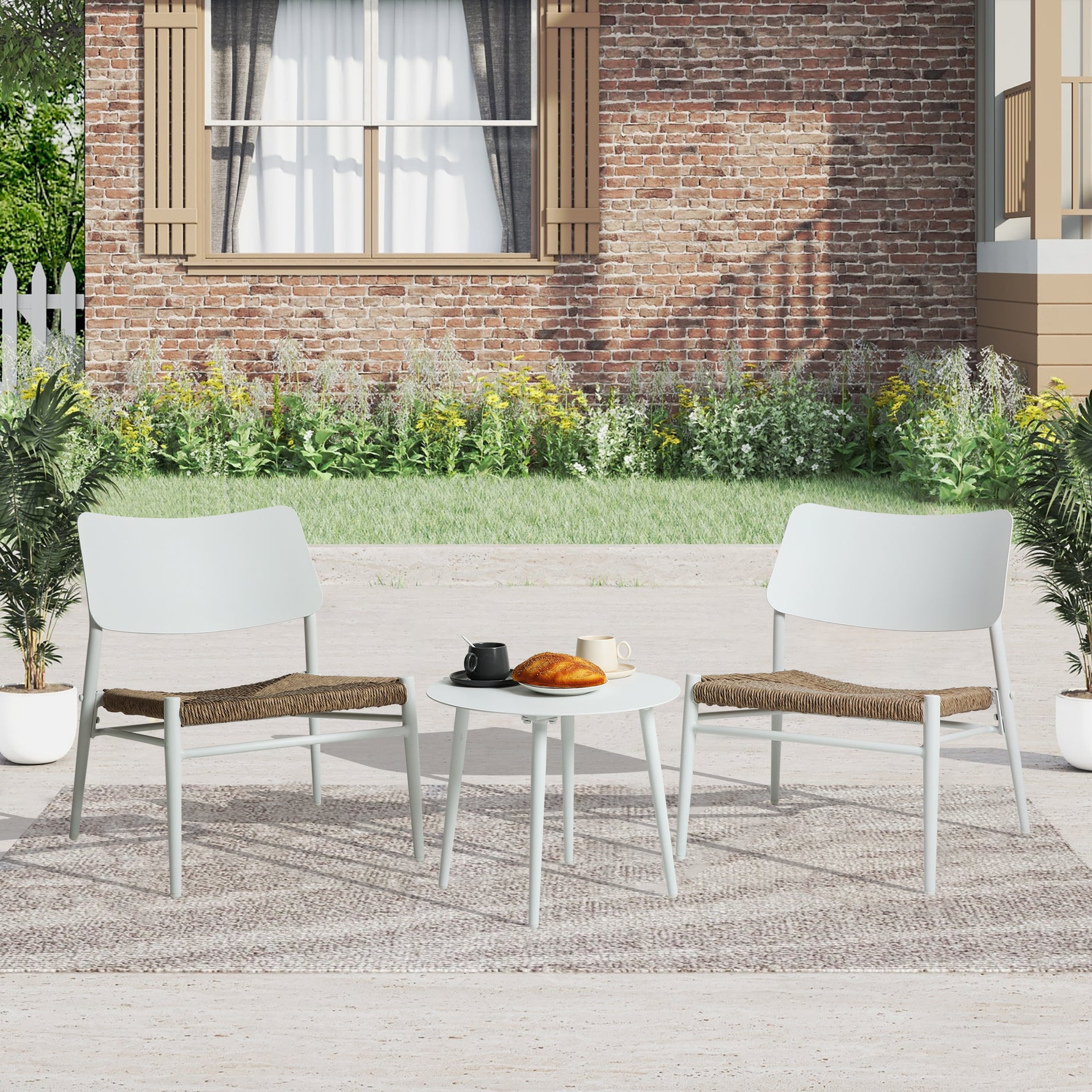 Aluminium 3 Piece Patio Set Bistro Table and Chairs Set , Backyard, Garden, Living Room, White--1