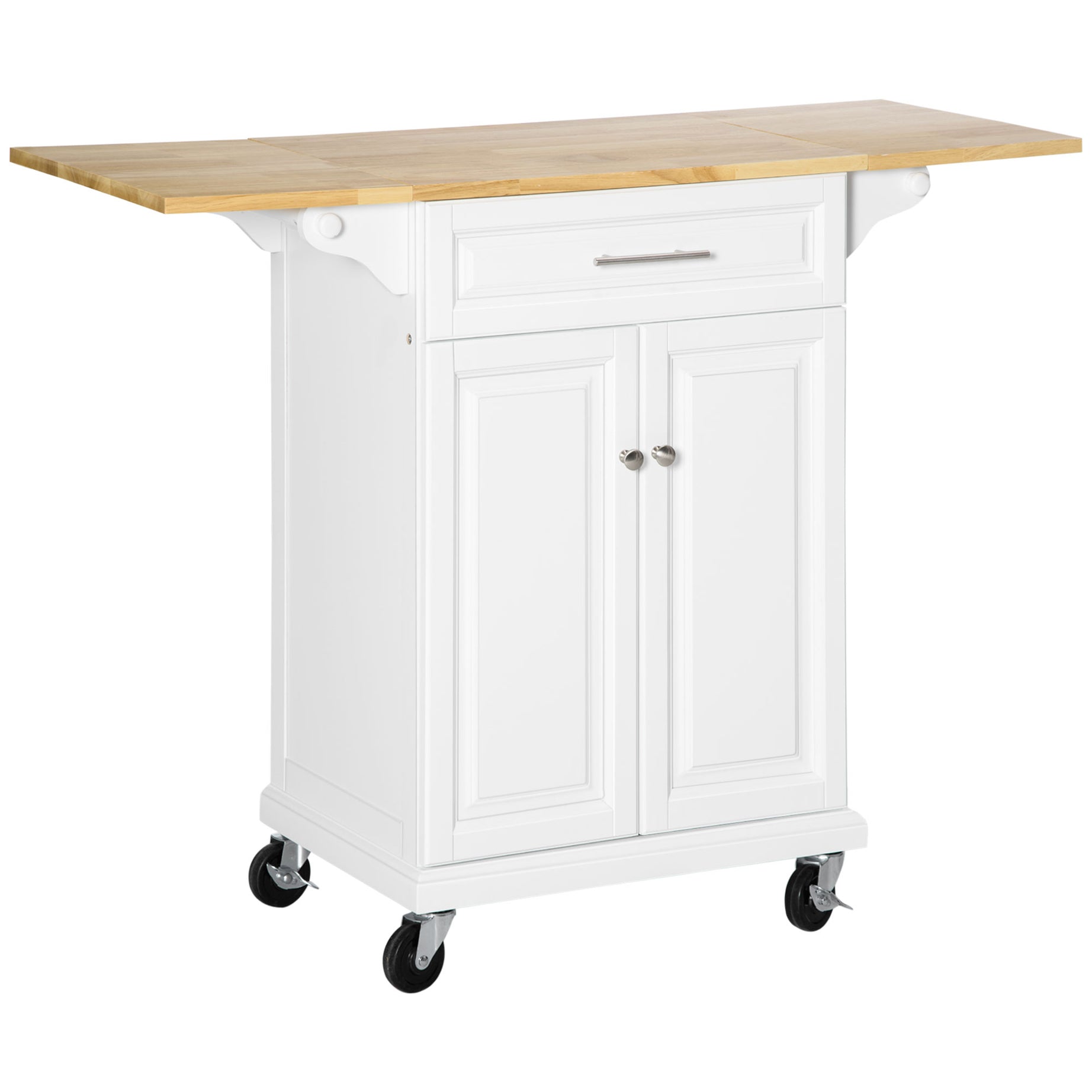 HOMCOM Kitchen Island with Drop Leaf Trolley Cart on Wheels Drawer Cabinet Towel Racks Versatile Use Natural Wood Top and White--1