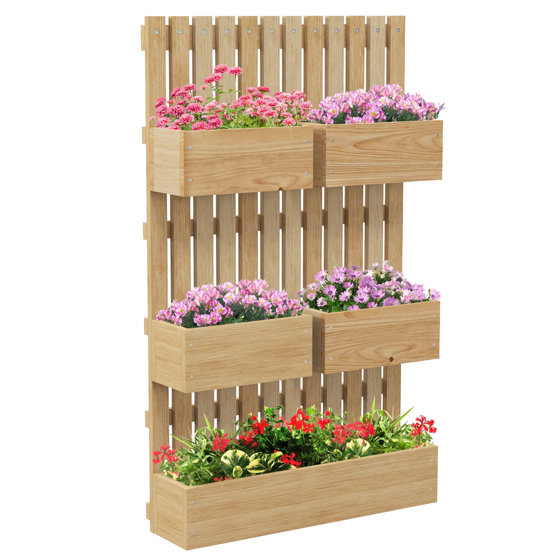 Outsunny 5 Box Raised Garden Bed with Trellis for Vine Flowers & Climbing Plants, 39" Tall Wall-Mounted Wood Planter Box Set with Adjustable Height, Drainage Hole, Natural--1