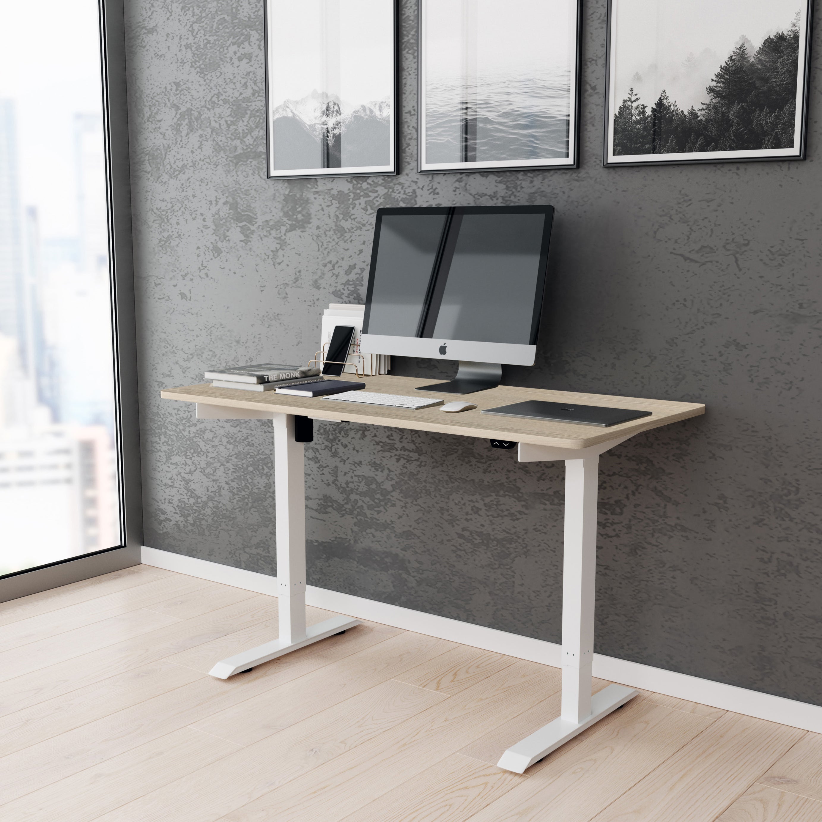 Techni Mobili Adjustable Sit to Stand Desk, Oak--1