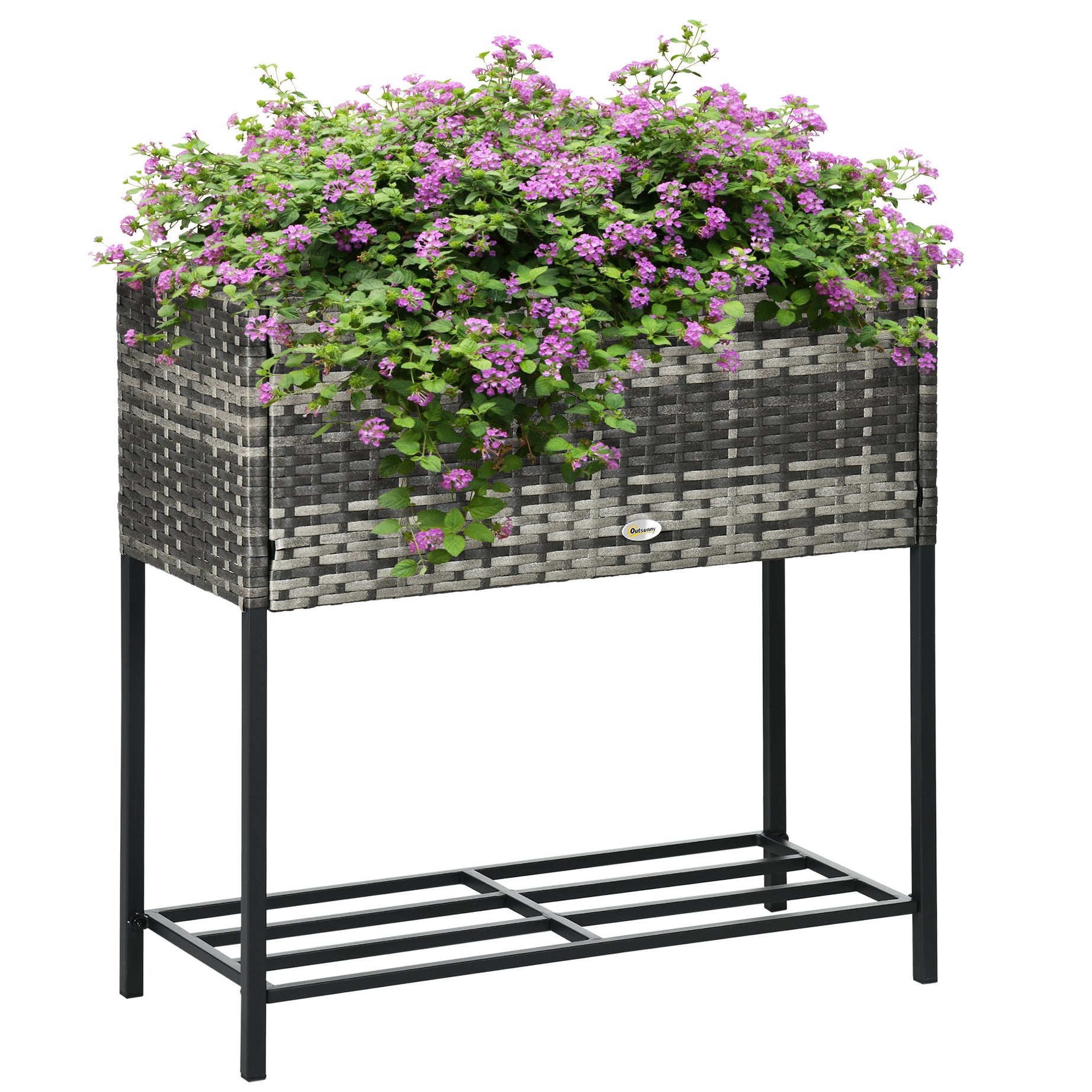 Outsunny Raised Garden Bed, Elevated Planter Box with Rattan Wicker Look, Tool Storage Shelf, Portable Design for Herbs, Vegetables, Flowers, Gray--1