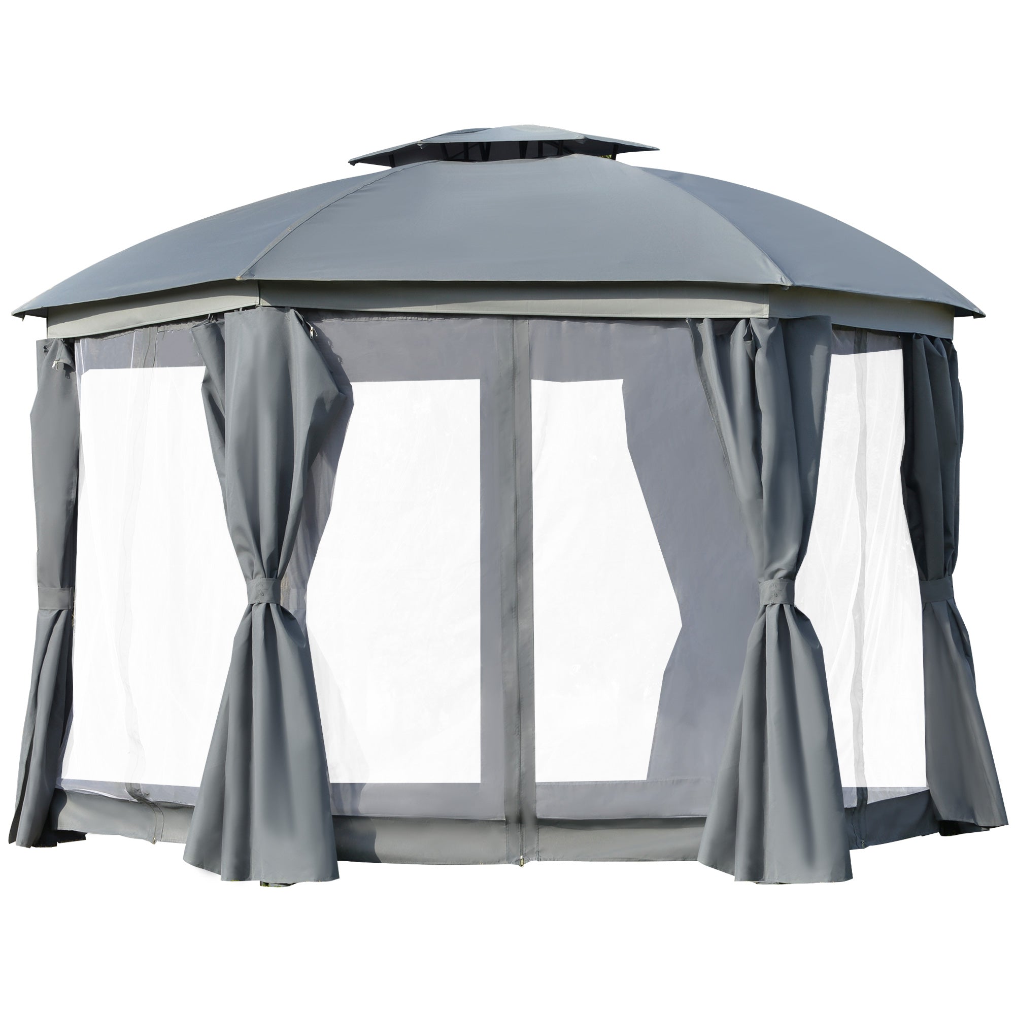 Outsunny 12' x 12' Round Outdoor Gazebo, Patio Dome Gazebo Canopy Shelter with Double Roof, Netting Sidewalls and Curtains, Zippered Doors, Strong Steel Frame, Grey--1