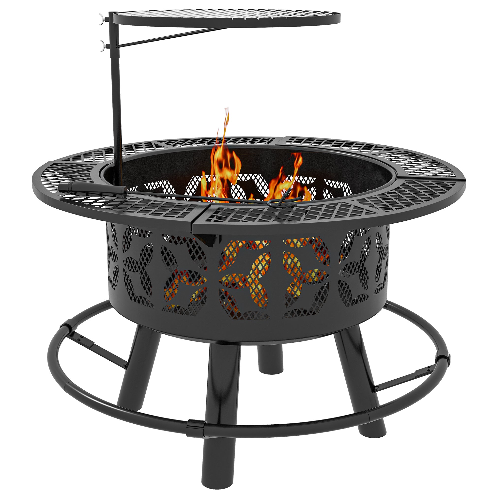 Outsunny 2-in-1 Fire Pit, BBQ Grill, 33" Portable Wood Burning Firepit with Adjustable Cooking Grate, Pan and Poker, Camping Bonfire Stove for Backyard, Patio, Picnic, Black--1