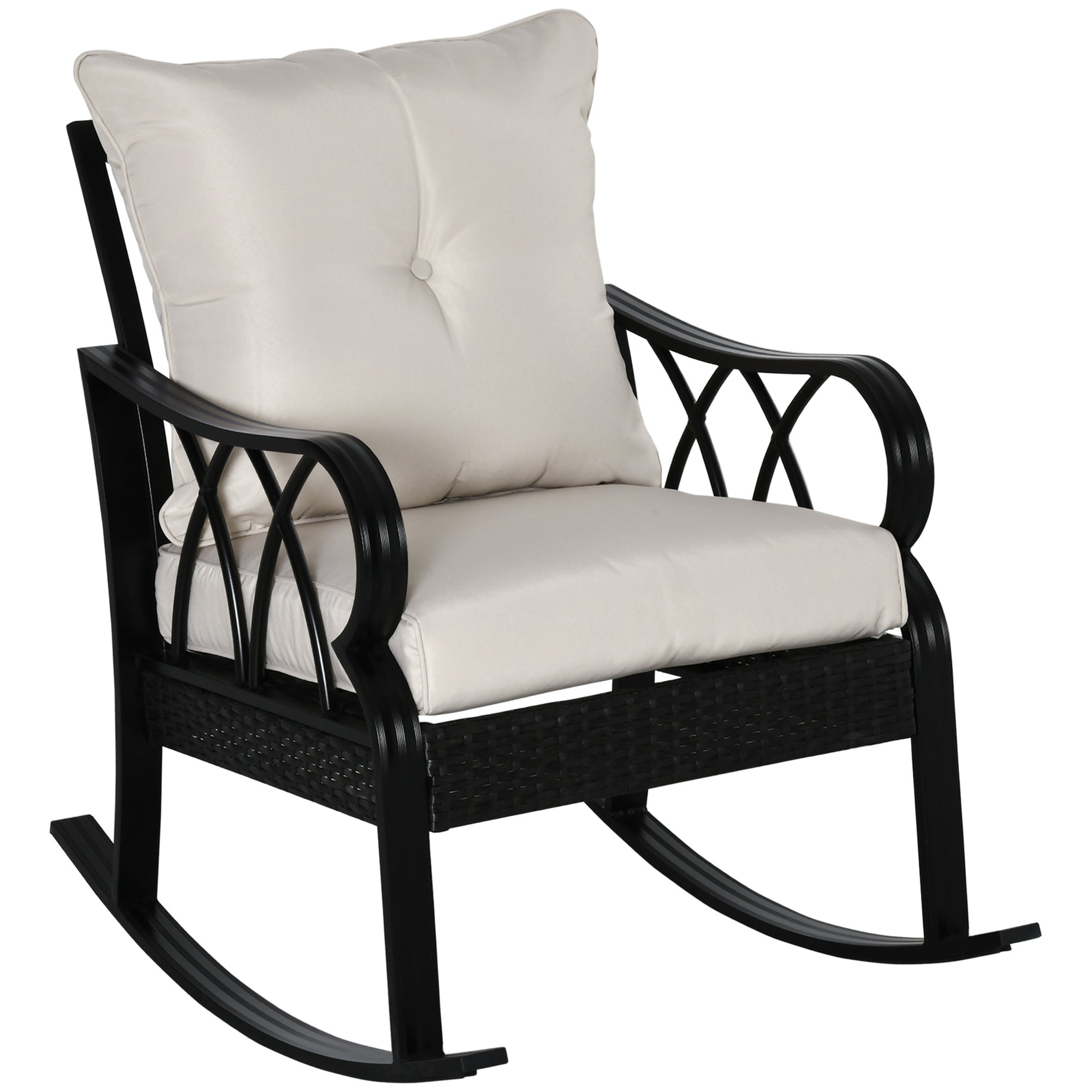 Outsunny Outdoor Wicker Rocking Chair with Padded Cushions, Aluminum Furniture Rattan Porch Rocker Chair w/ Armrest for Garden, Patio, and Backyard, Khaki--1