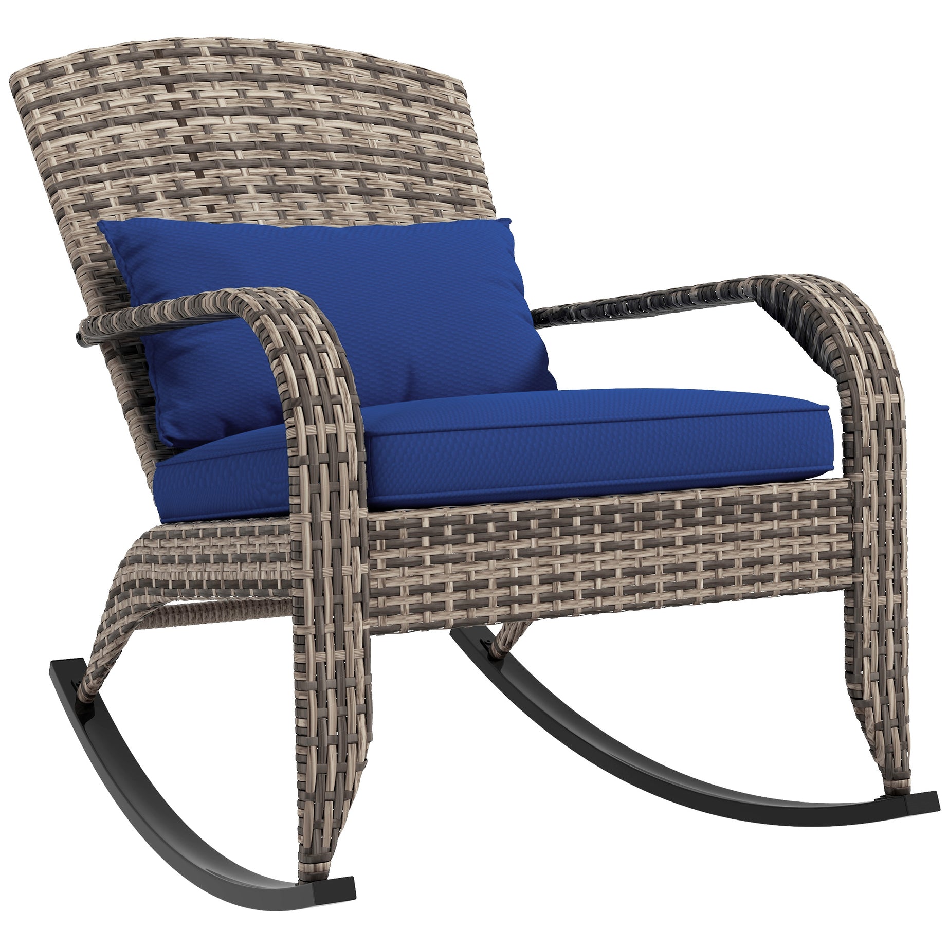 Outsunny Outdoor Wicker Adirondack Rocking Chair, Patio Rattan Rocker Chair with High Back, Seat Cushion, and Pillow for Garden, Porch, Balcony, Dark Blue--1