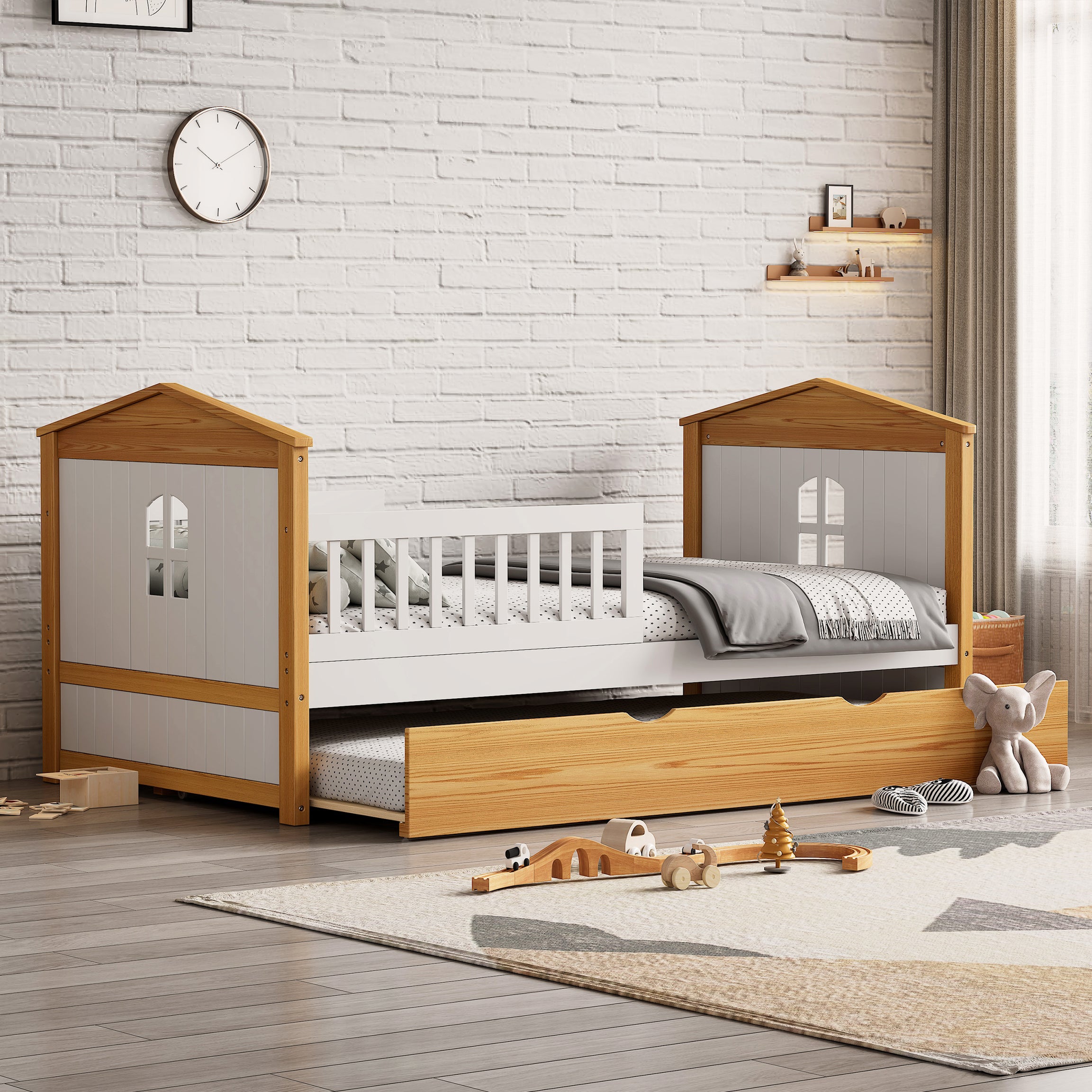 Twin Size House Shape Bed with Trundle Wooden Bed for Girls Boys Teens, No Box Spring Needed, Walnut and White--1