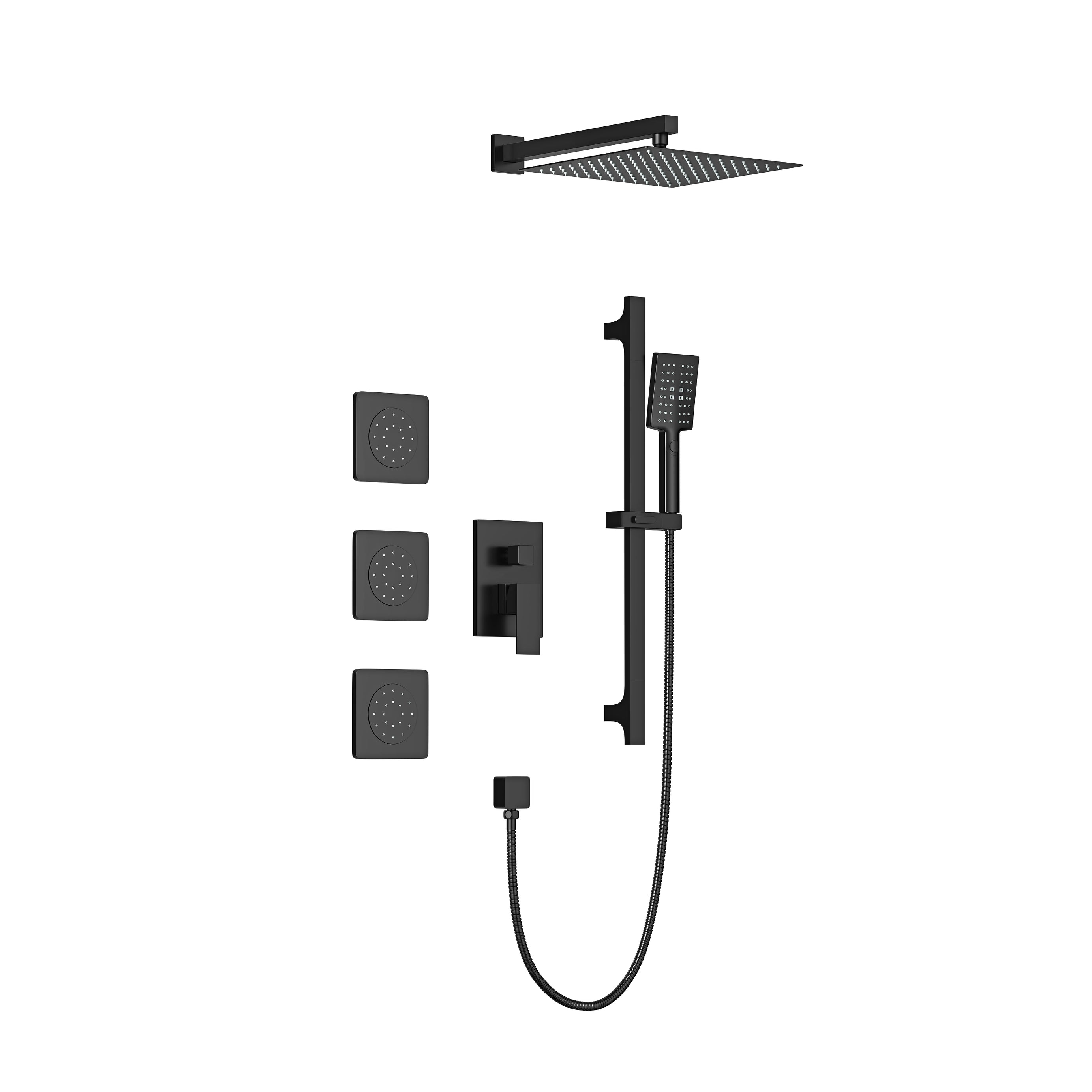 Wall Mounted Shower System in Matte Black with Shower Head, Handheld Shower, 3 Body Jets--1