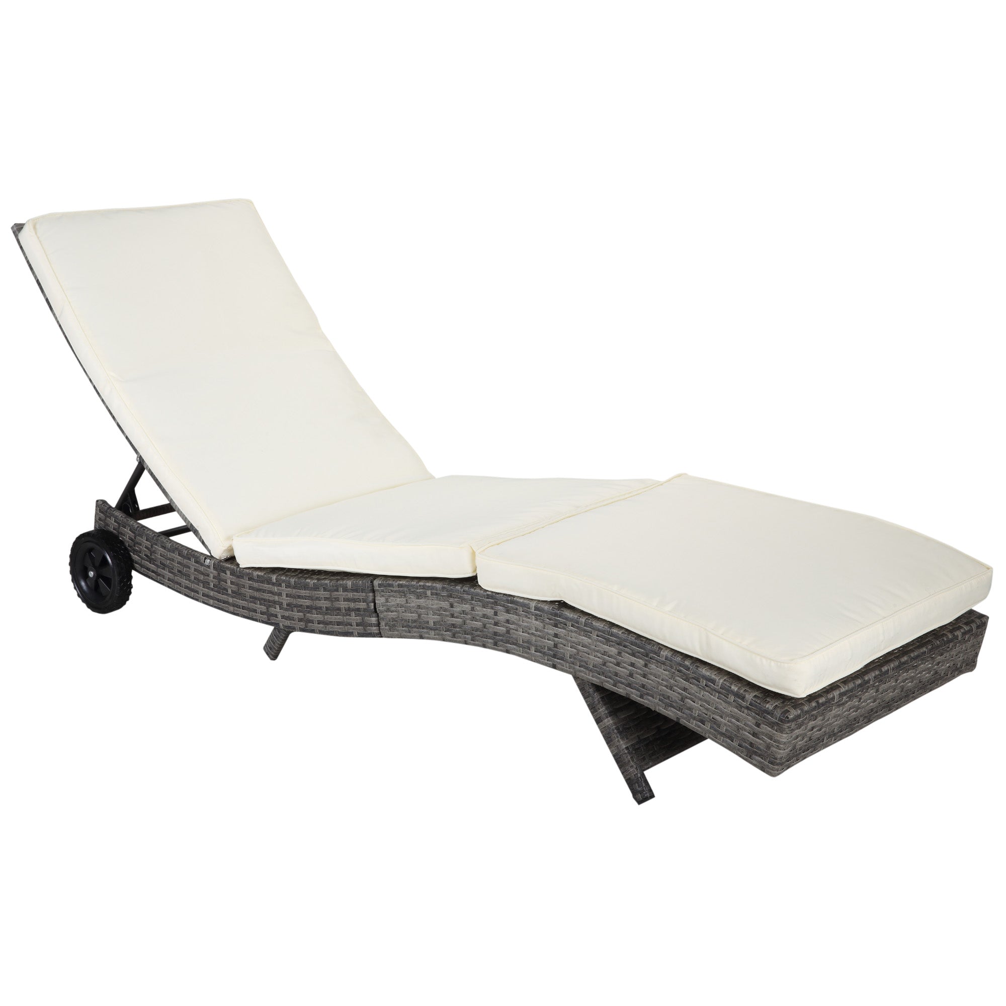 Outsunny Wicker Chaise Lounge Pool Chair, Outdoor PE Rattan Cushioned Patio Sun Lounger w/ 5-Level Adjustable Backrest & Wheels for Easy Movement, Cream White--1