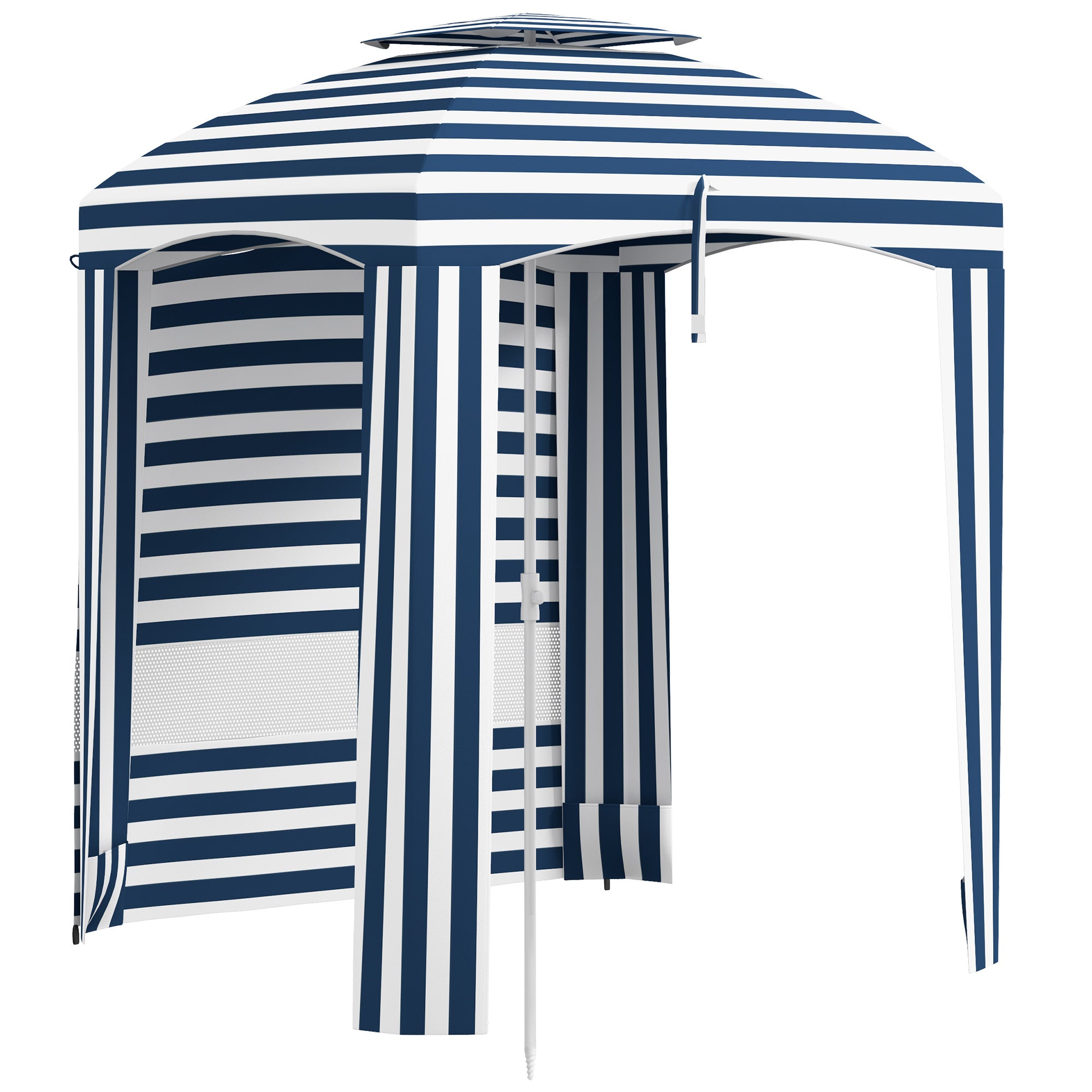 Outsunny 5.8' x 5.8' Portable Beach Umbrella with Double-Top, Ruffled Outdoor Cabana with Walls, Vents, Sandbags, Carry Bag, Blue & White Stripe--1