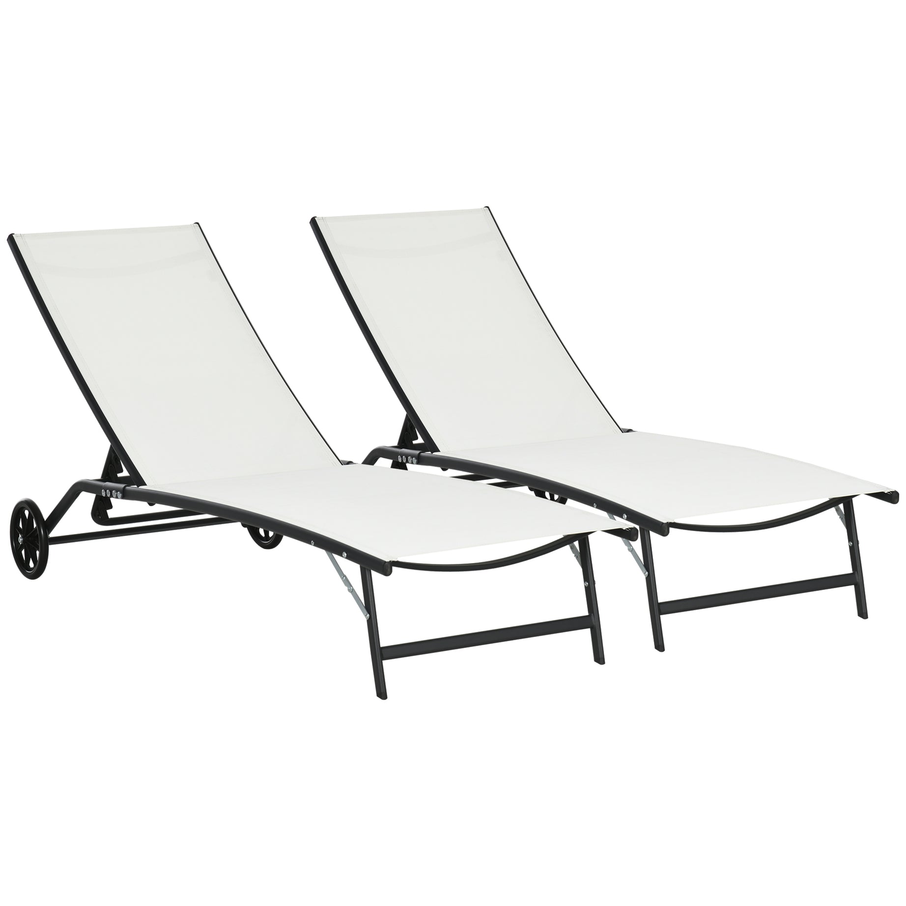 Outsunny Chaise Lounge Outdoor, 2 Piece Lounge Chair with Wheels, Tanning Chair with 5 Adjustable Positions for Patio, Beach, Yard, Pool, Cream White--1