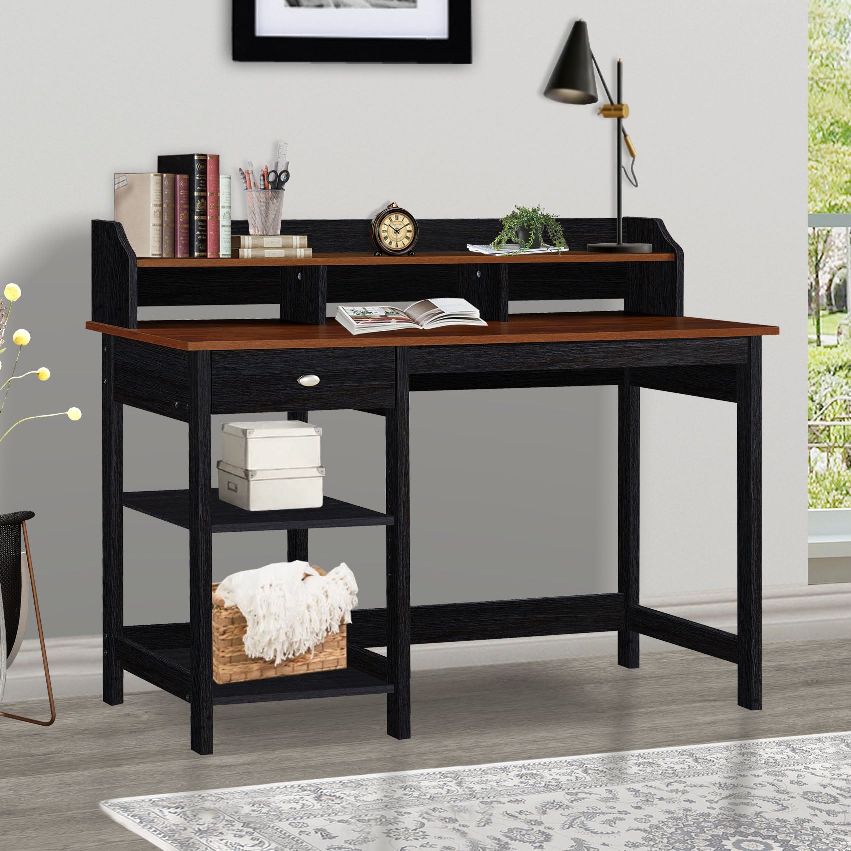 47" Writing Desk with Hutch "Teak and Black Oak Dual-Tone Desk - Spacious Writing and Computer Table with Drawer and Adjustable Shelf for Home Office"--1