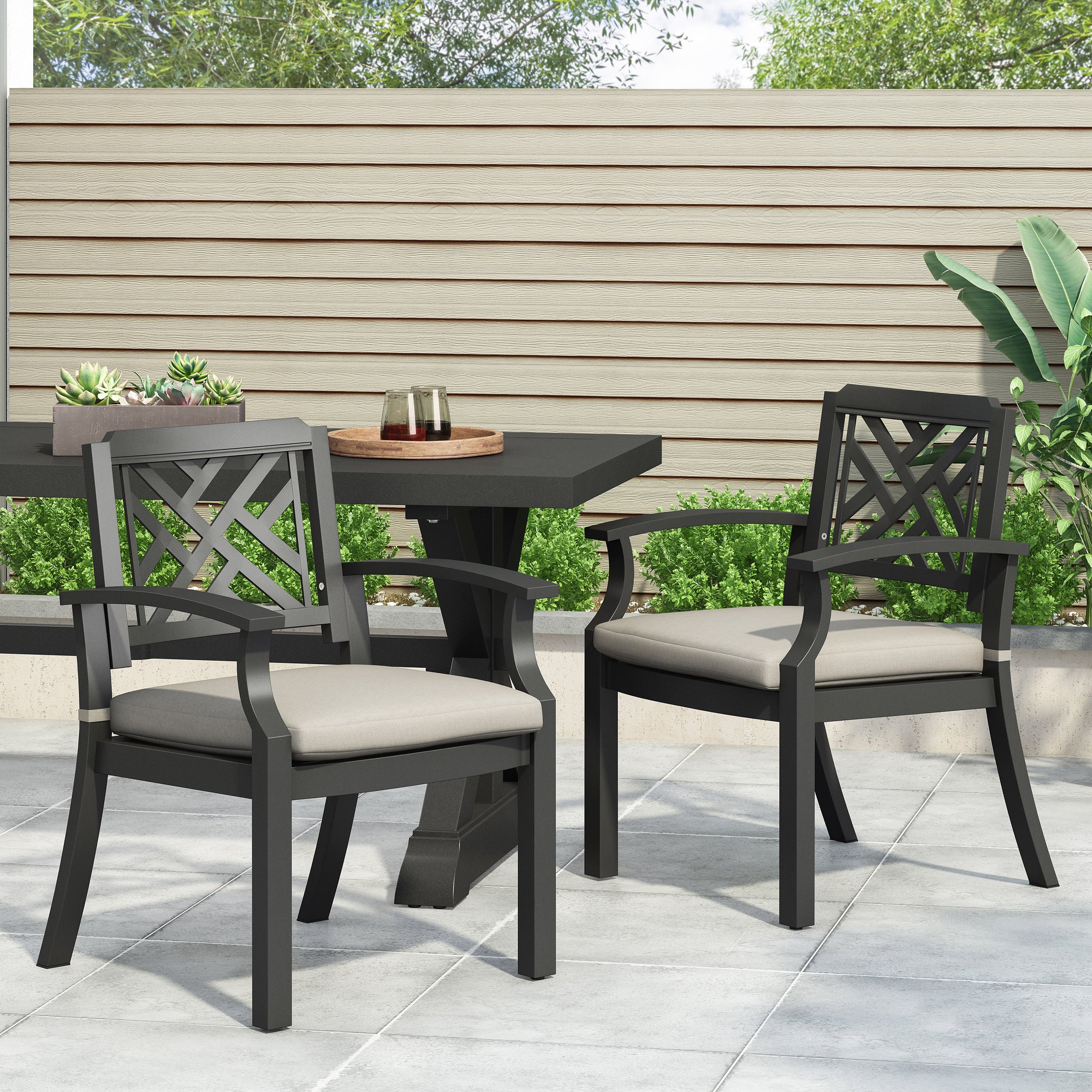 Outdoor Dining Chairs, Light Beige + Antique Matte Black (Set of 2)--1