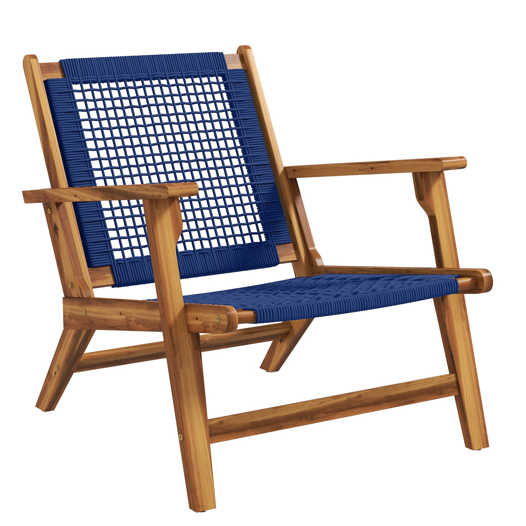 Outsunny Patio Acacia Wood Adirondack Chair, Modern Wood Fire Pit Chair with PP Rope Weave, Coconino Lounge Chair with High Backrest Support, Dark Blue--1