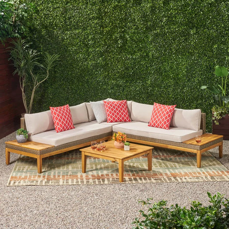 Loft Outdoor Acacia Wood and Wicker 5 Seater Sectional Sofa Set--1