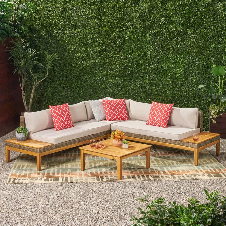 Loft Outdoor Acacia Wood and Wicker 5 Seater Sectional Sofa Set--1