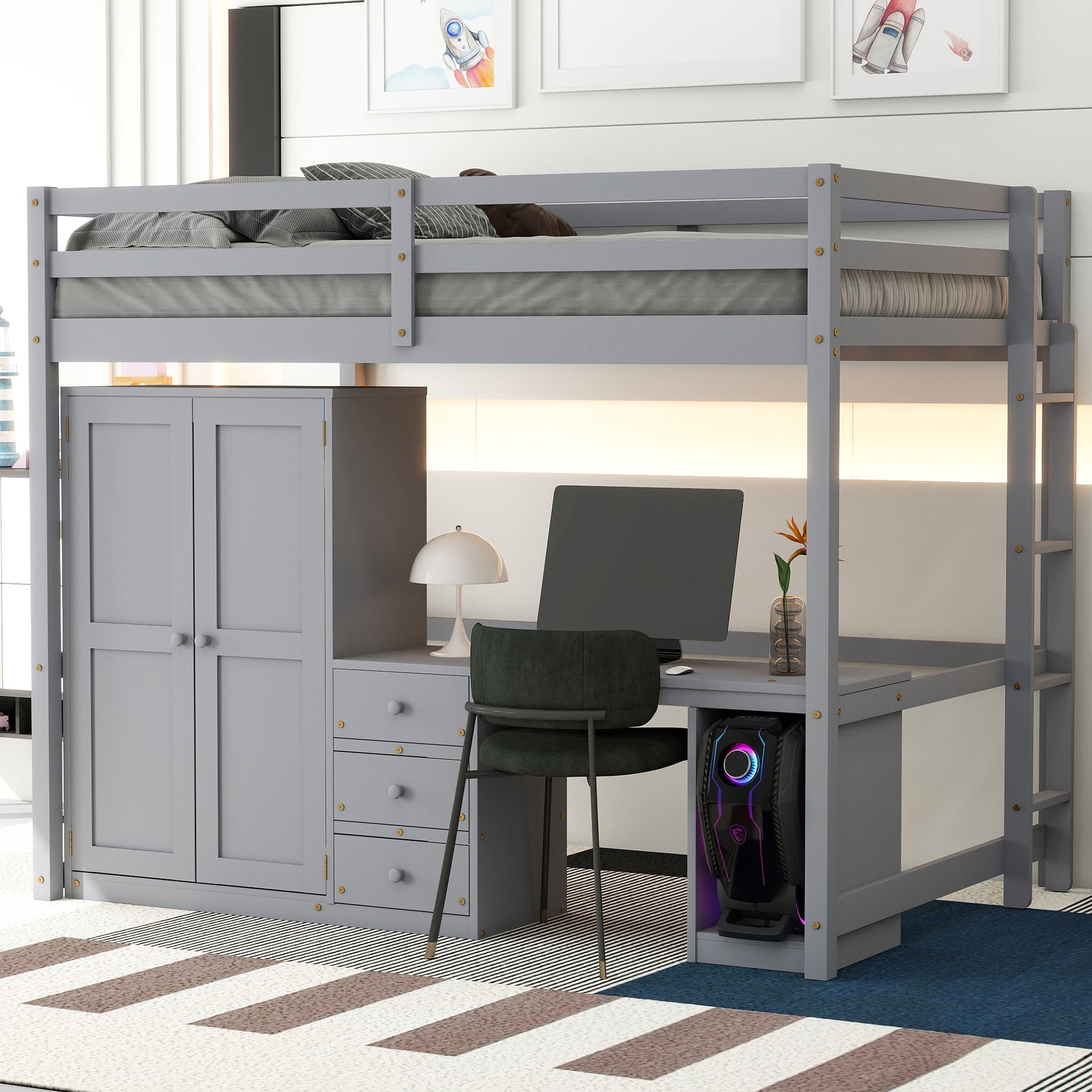 Full Size Loft Bed with Wardrobe, Desk and Storage Drawers, Gray--1