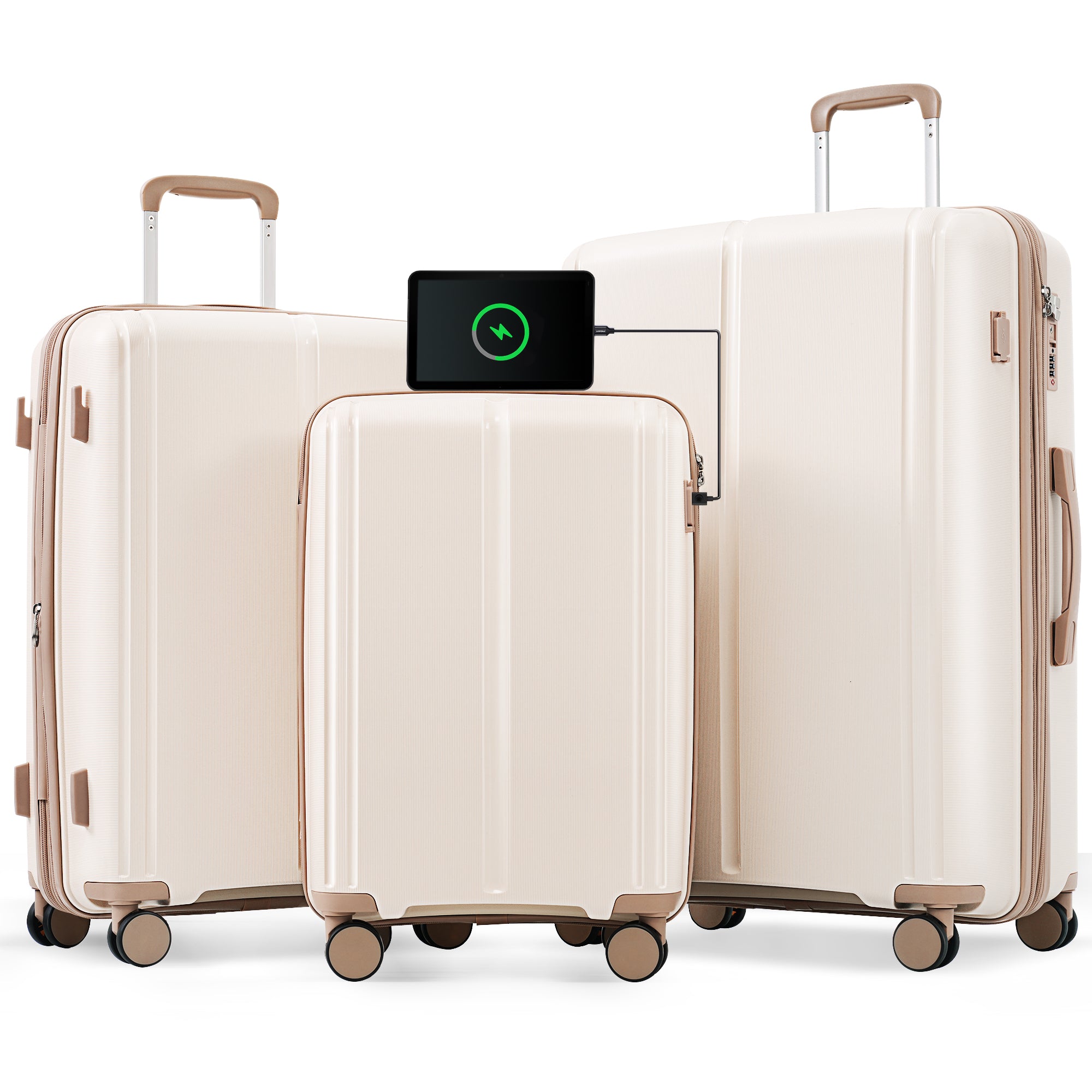 Luggage Sets 3 Piece Suitcase Set 20/24/28 with USB Port,Carry on Luggage Airline Approved,PP Lightweight Suitcase with Spinner Wheels,ivory and golden--1