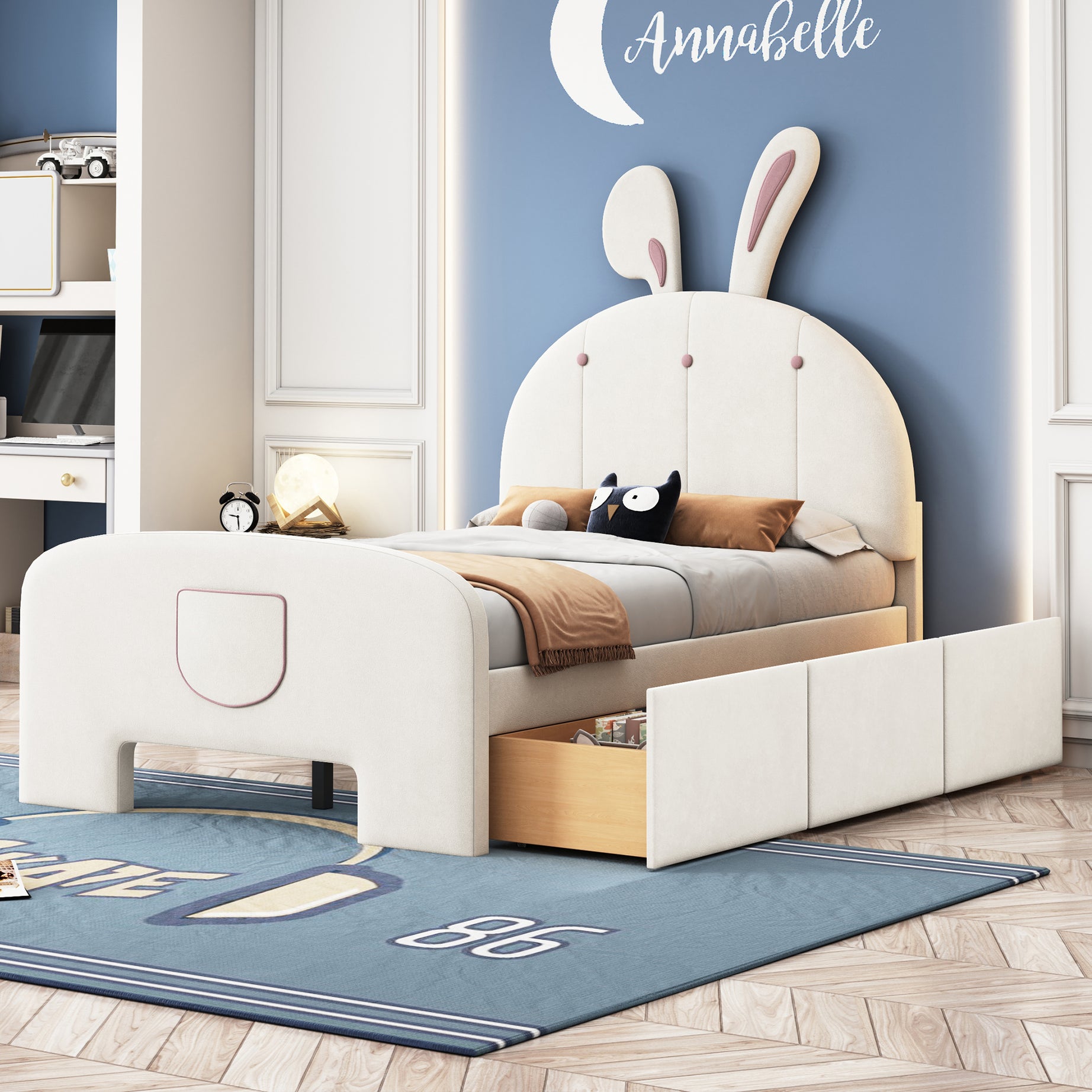 Twin Size Velvet Platform Bed with Rabbit-Shaped Headboard, with Drawers, with Bed-End Storage Pocket, Beige--1