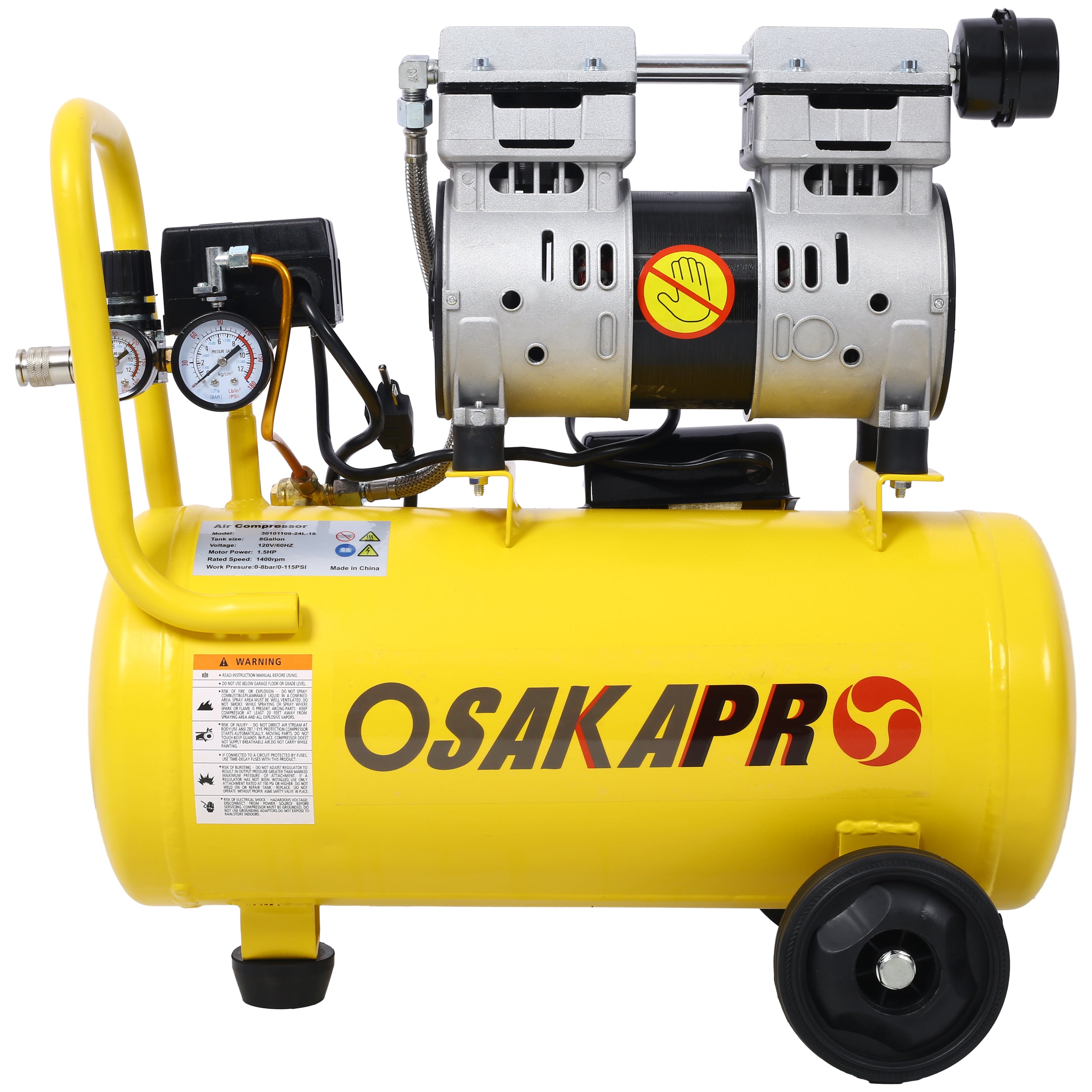 1.5HP Ultra Quiet Air Compressor 8 Gallon, Oil-Free, Electric Shop Air Compressor Portable,Lightweight with Wheels, 70 dBA Noise Level, with Automatic Drain Valve,Yellow--1