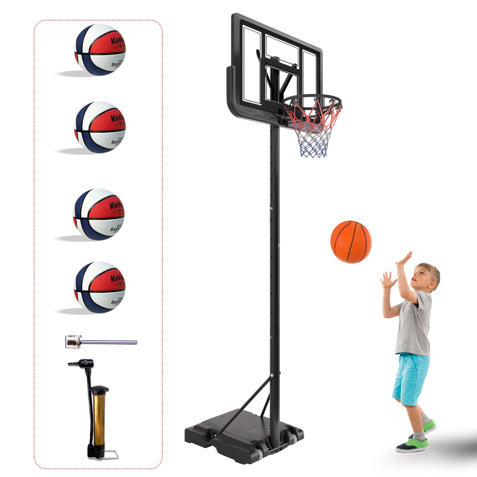 Basketball Hoop Basketball System 4.76-10ft Height Adjustable with 4 Basketball, Net Pocket, Inflator Set--1