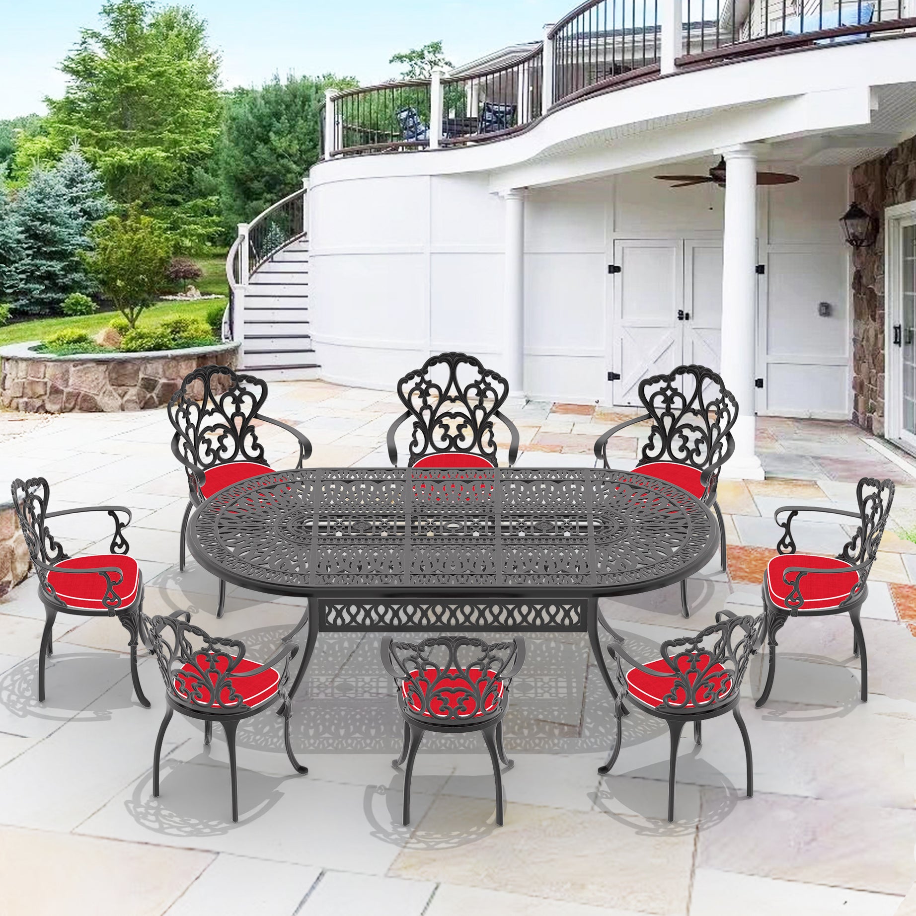 (Cushions In  Random Colors)9-Piece Set Of Cast Aluminum Patio Furniture With  Cushions--1