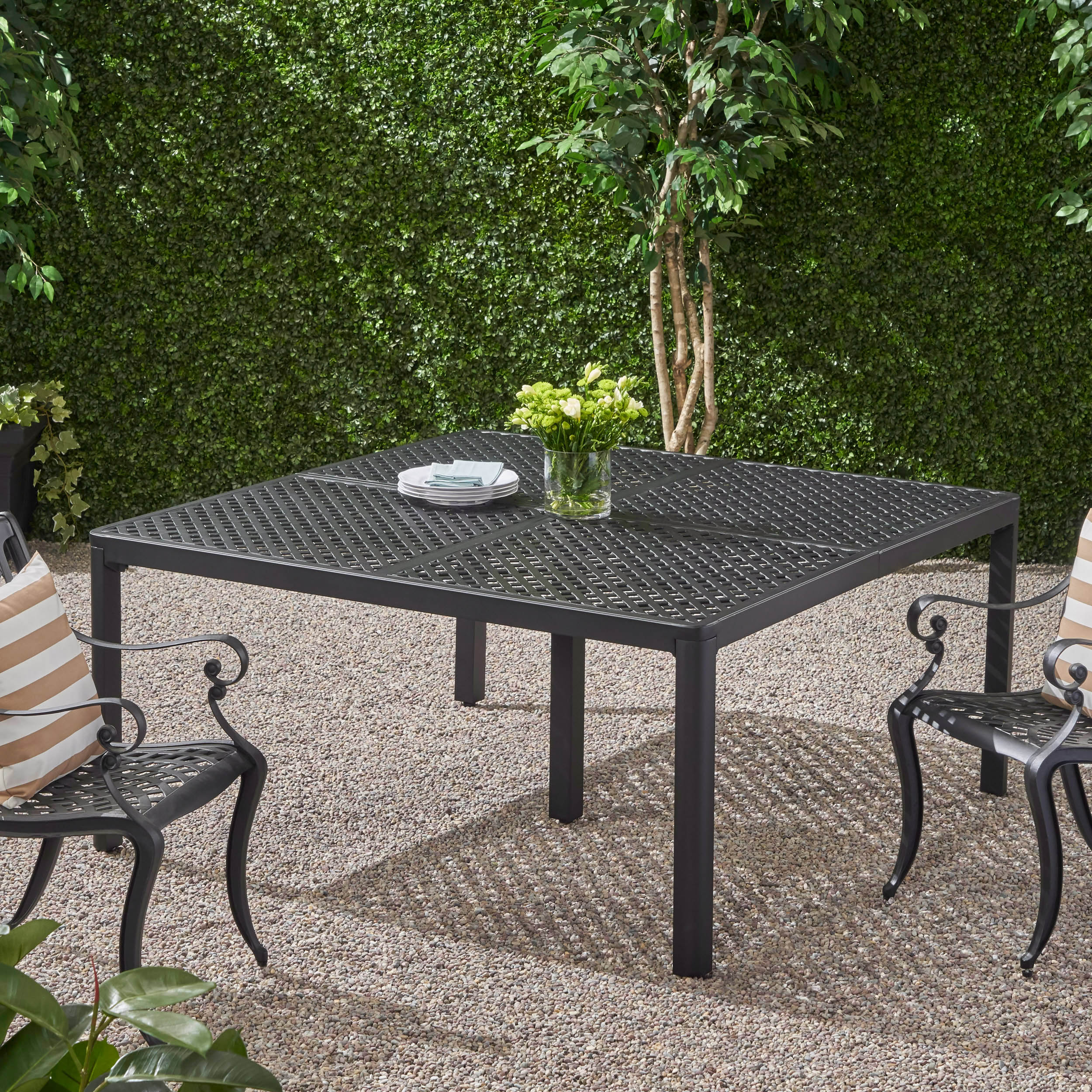 Outdoor Modern Aluminum Dining Table with Woven Accents, Antique Matte Black--1