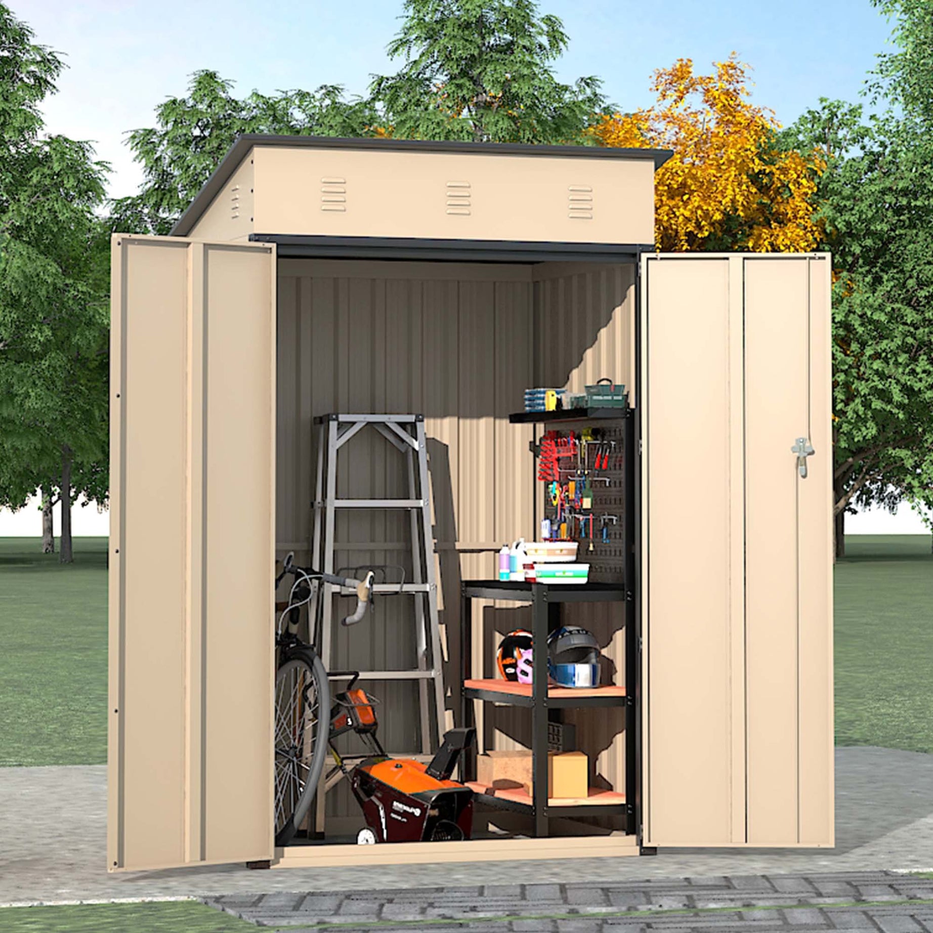 6x4x3 FT Outdoor Storage Shed, Steel Metal Lockable Garden Shed, Tiny House, Utility Shed, Lean-to Shed & Outdoor Storage, Waterproof Backyard Shed with Door for Bike, Tools, Lawnmower--1