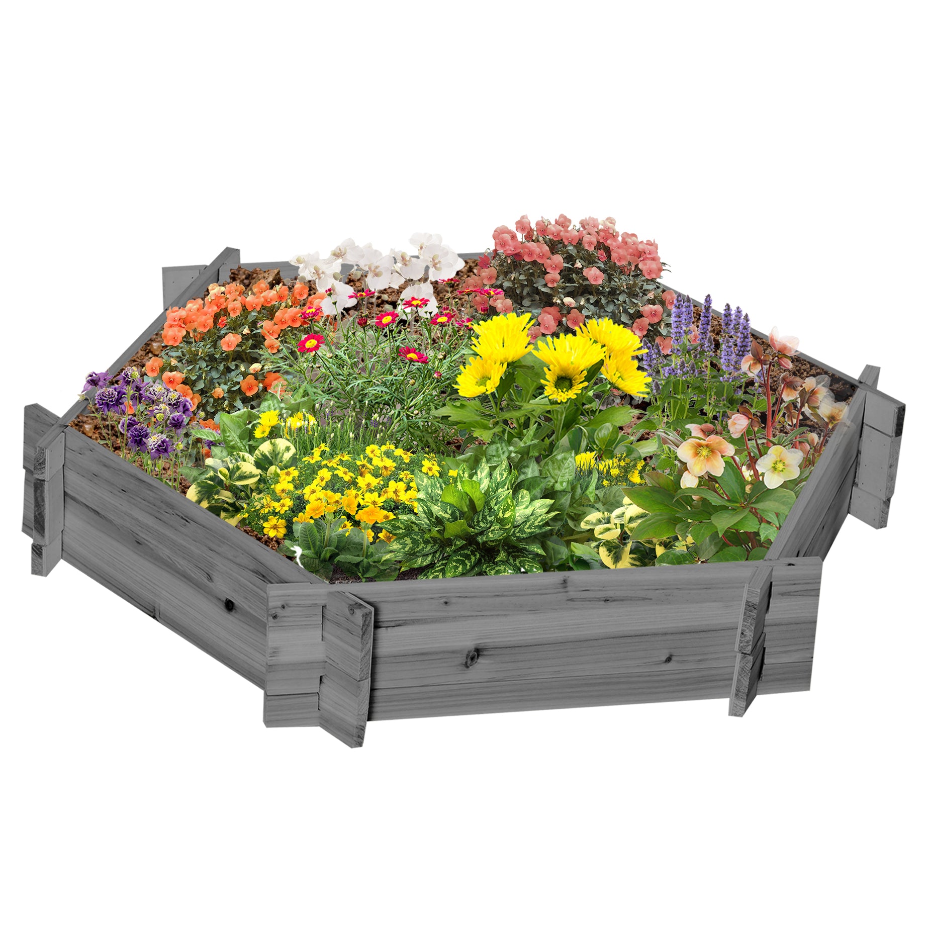 Outsunny Wooden Raised Garden Bed, Hexagon Screwless Planters for Outdoor Plants, Vegetables, Flowers, Herbs, 39" x 36" x 6", Gray--1