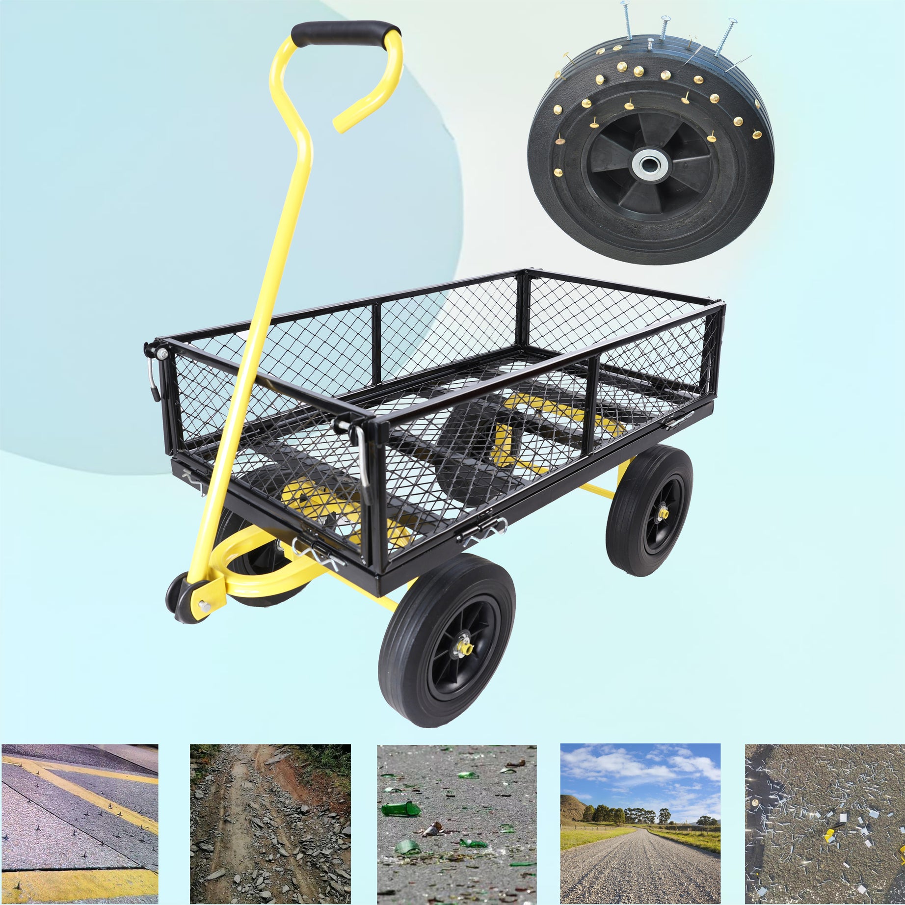 (Black +Yellow solid wheels wagon cart)Solid wheels Tools cart Wagon Cart Garden cart trucks make it easier to transport firewood--1