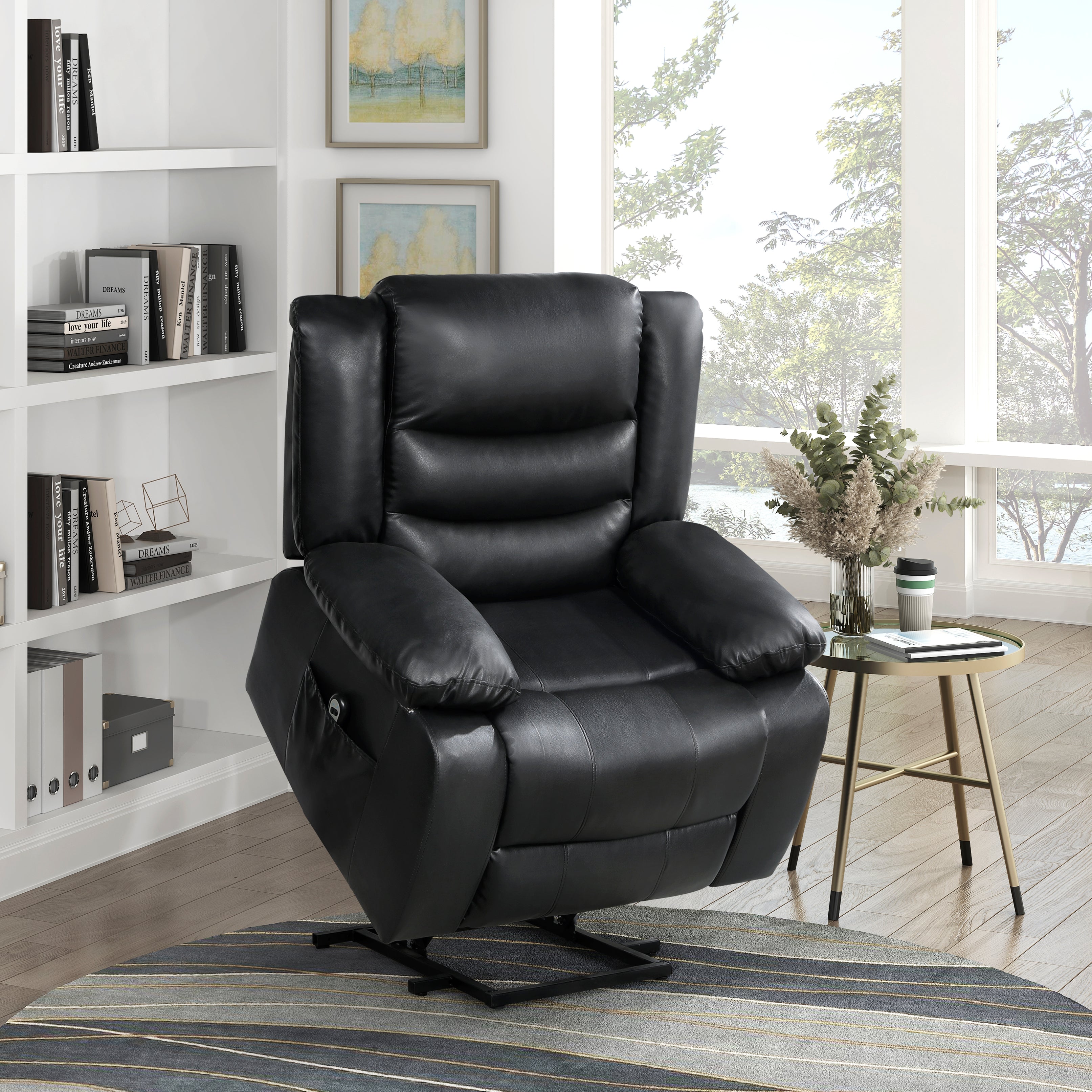 Modern Living room Furniture 1pc Power Lift Chair Faux Leather Upholstery Black Power Recliner Chair--1