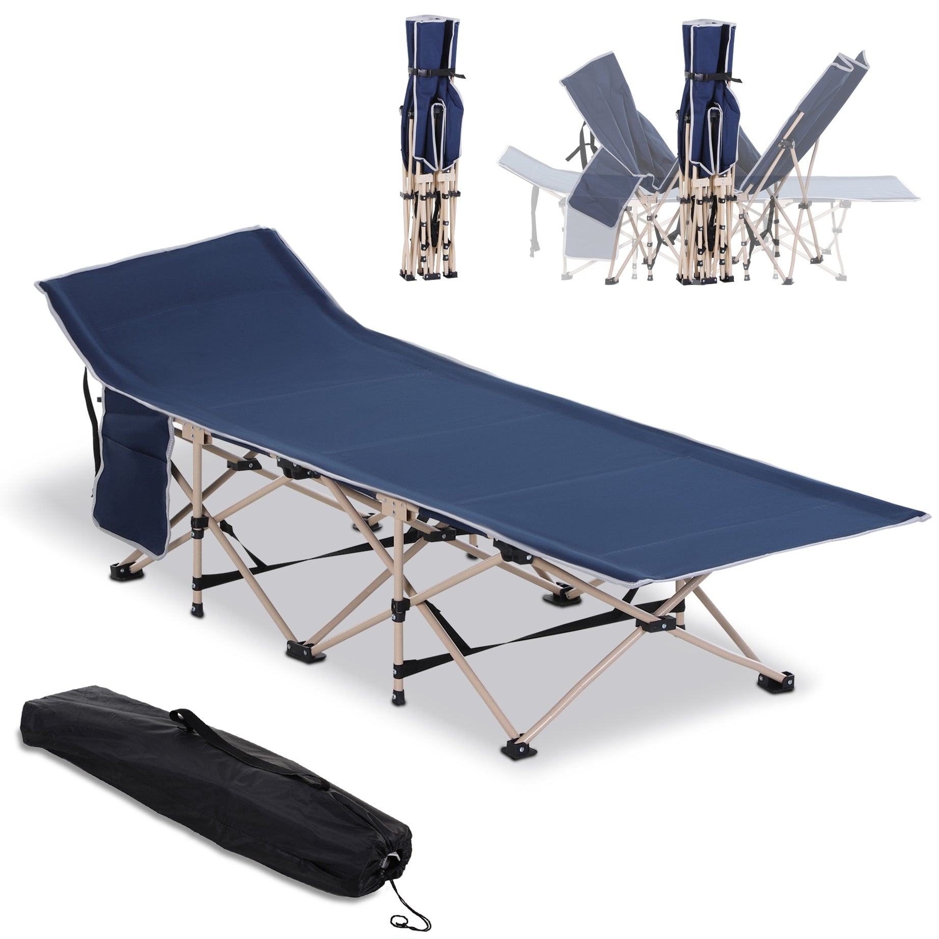 Outsunny Folding Camping Cot for Adults with Carry Bag, Side Pocket, Outdoor Portable Sleeping Bed for Travel, Camp, Vacation, 330 lbs. Capacity, Blue--1