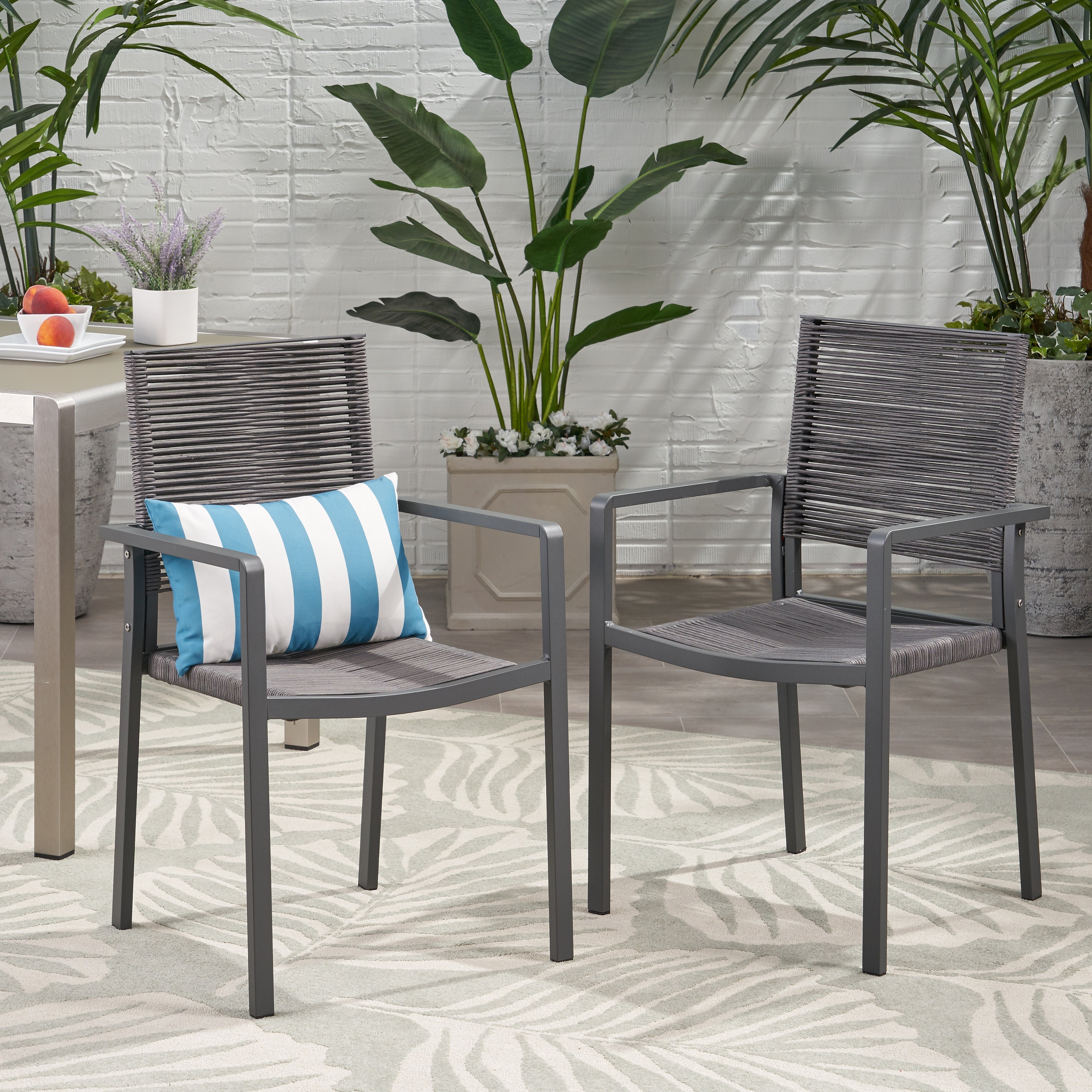 Outdoor Modern Aluminum Dining Chair with Rope Seat (Set of 2), Gray and Dark Gray--1