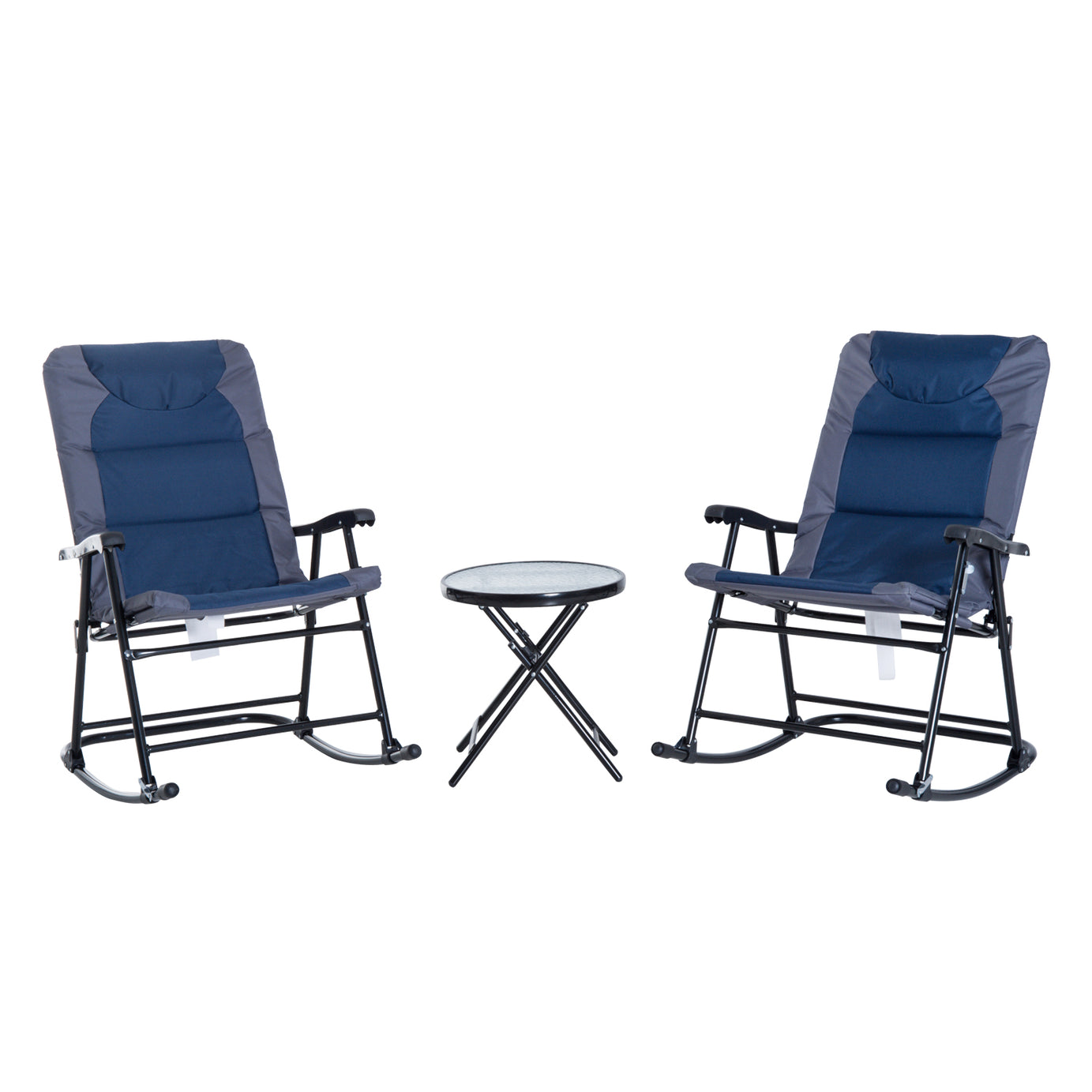 Outsunny 3 Piece Outdoor Patio Furniture Set with Glass Coffee Table & 2 Folding Padded Rocking Chairs, Bistro Style for Porch, Camping, Balcony, Navy Blue--1