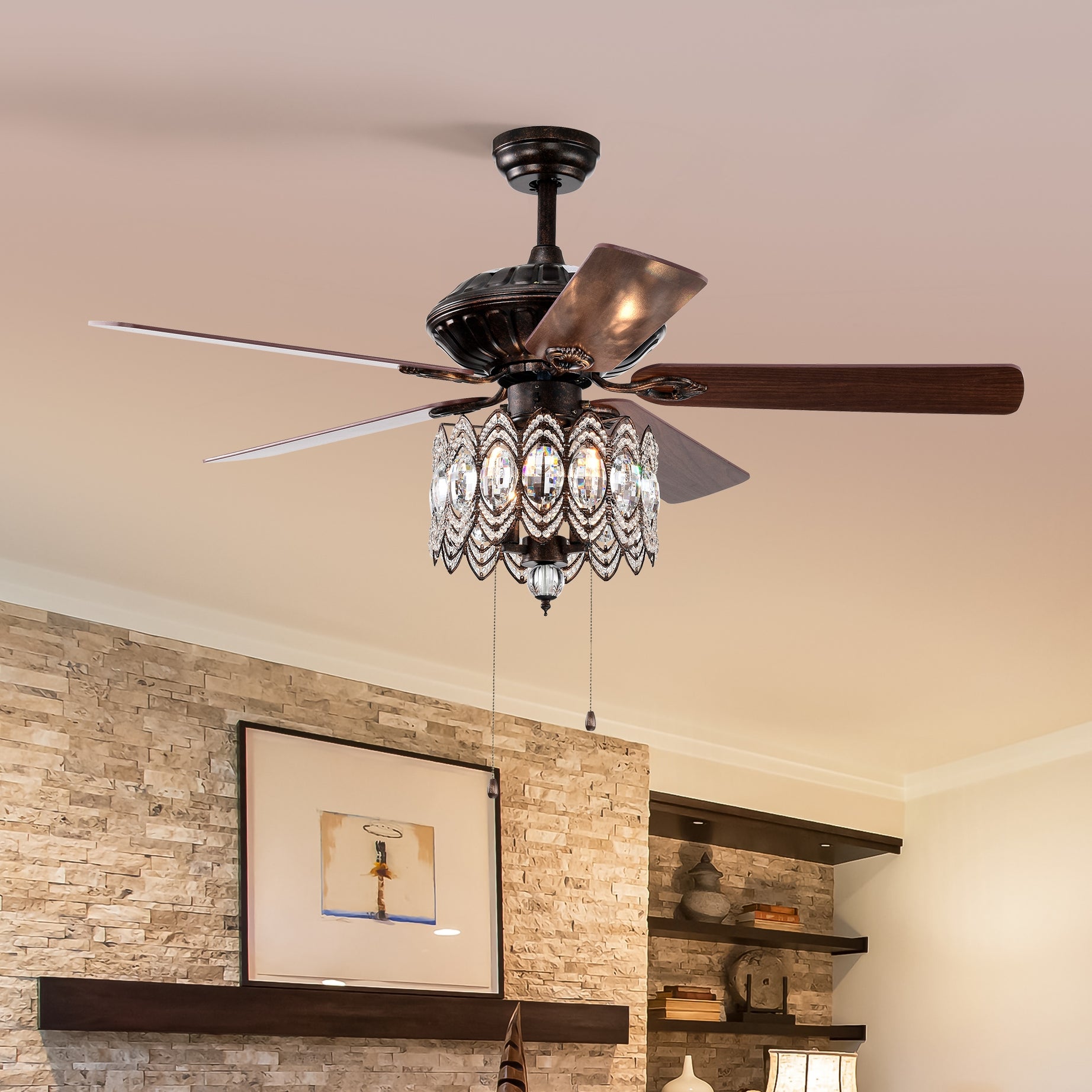 52'' Classical Crystal Ceiling Fan Lamp,3 Speed , 5 Reversible Blades for Living Room, Dining Room, Bedroom, Family Room, Rustic bronze ,3PCS*E12  (NO Include Bulb, Hand Pull Chain)--1