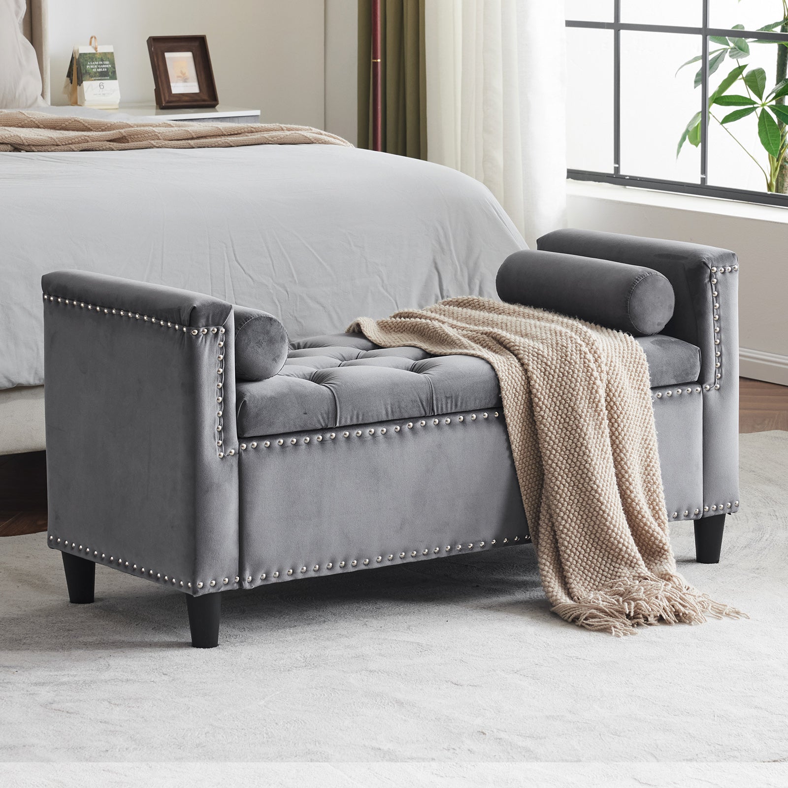 Storage Bench, 44.5-Inch Queen Velvet Button Bedside Bench, Entryway Living Room with Armrests, Nailhead Trim, Upholstered Bedroom Bench, Bedside Ottoman, Living Room, Entryway, Gray--1