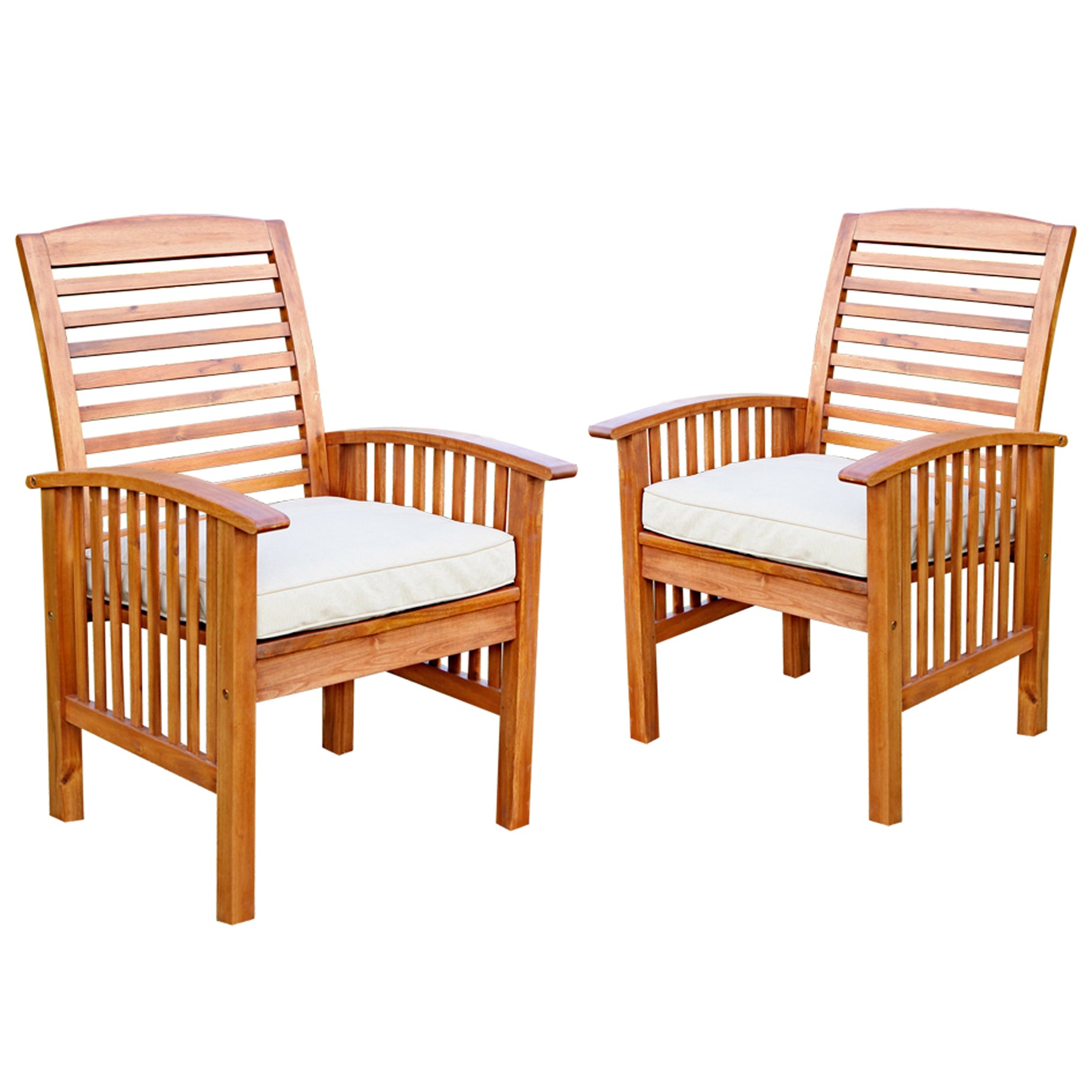 Modern 2-Piece Slat-Back Patio Chairs with Cushions - Brown--1