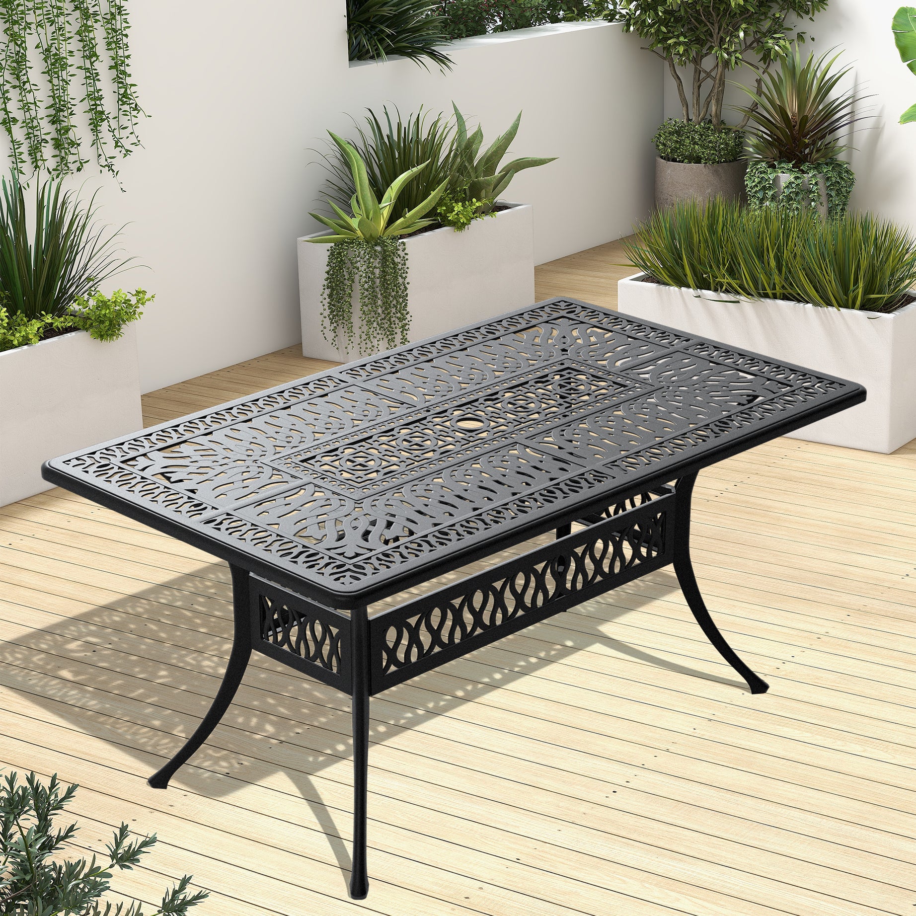 L58.27*W34.65-inch Cast Aluminum Patio Dining Table With Black Frame and Umbrella Hole--1